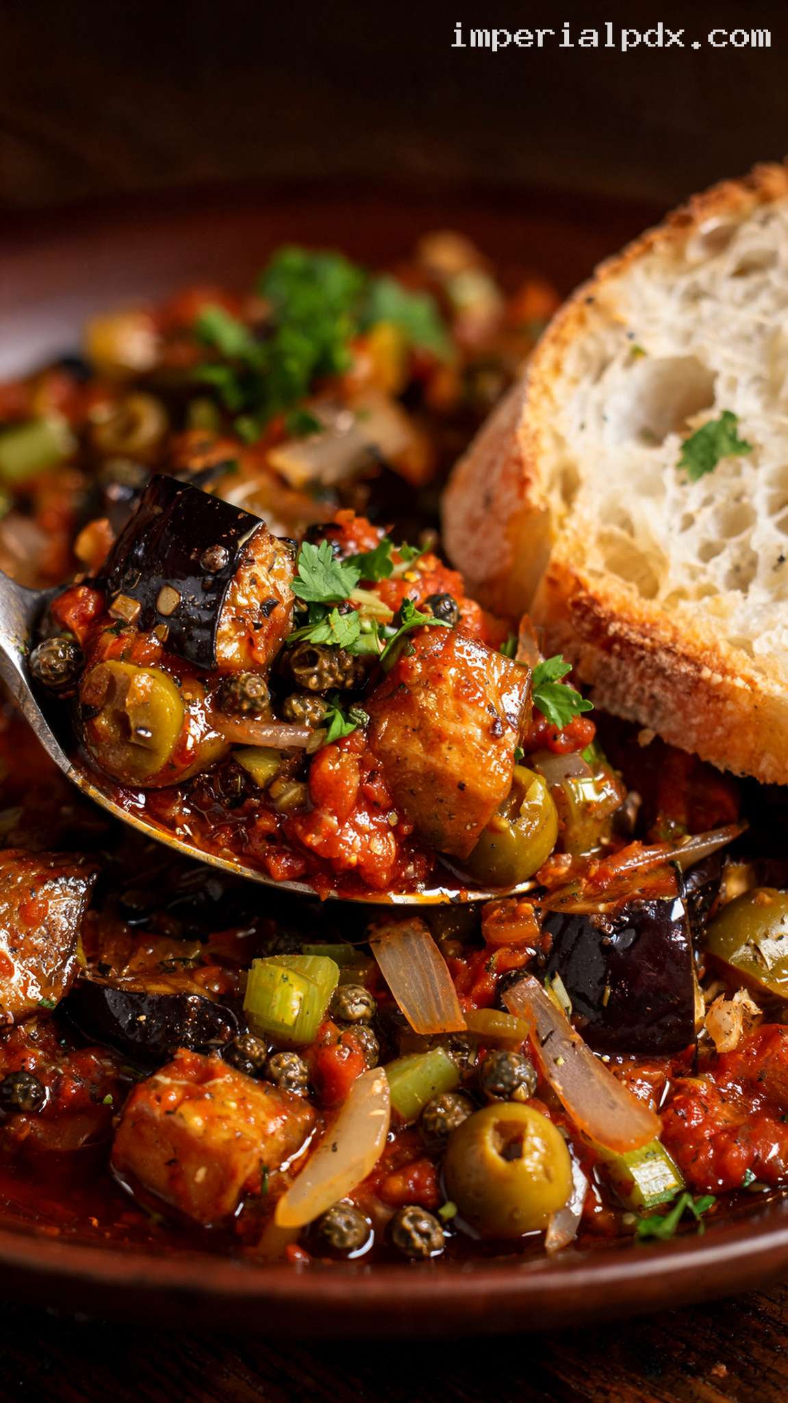 Sicilian Eggplant Caponata With Toasted Bread – Closeup