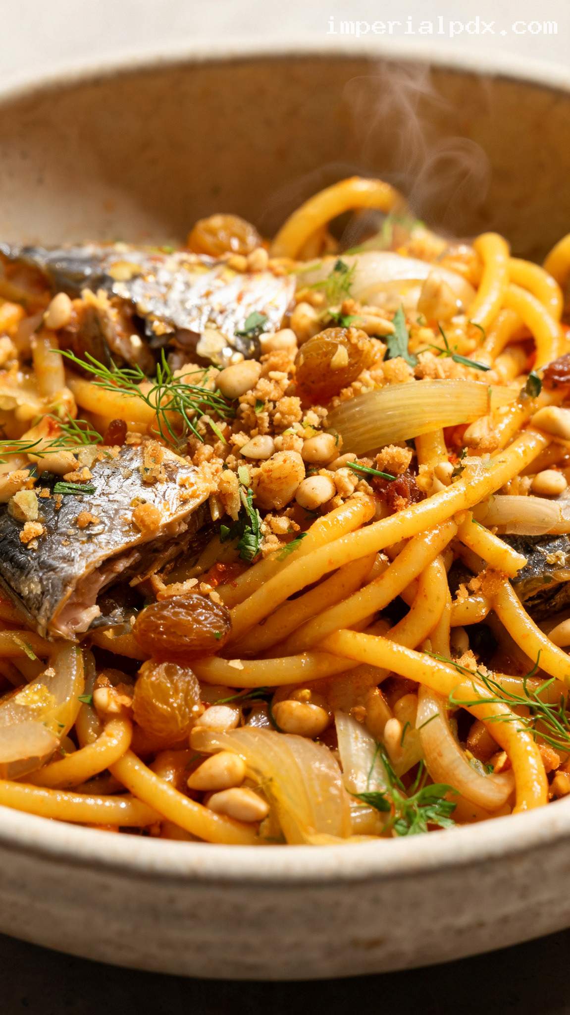 Sicilian Sardine Pasta With Raisins and Pine Nuts – Closeup