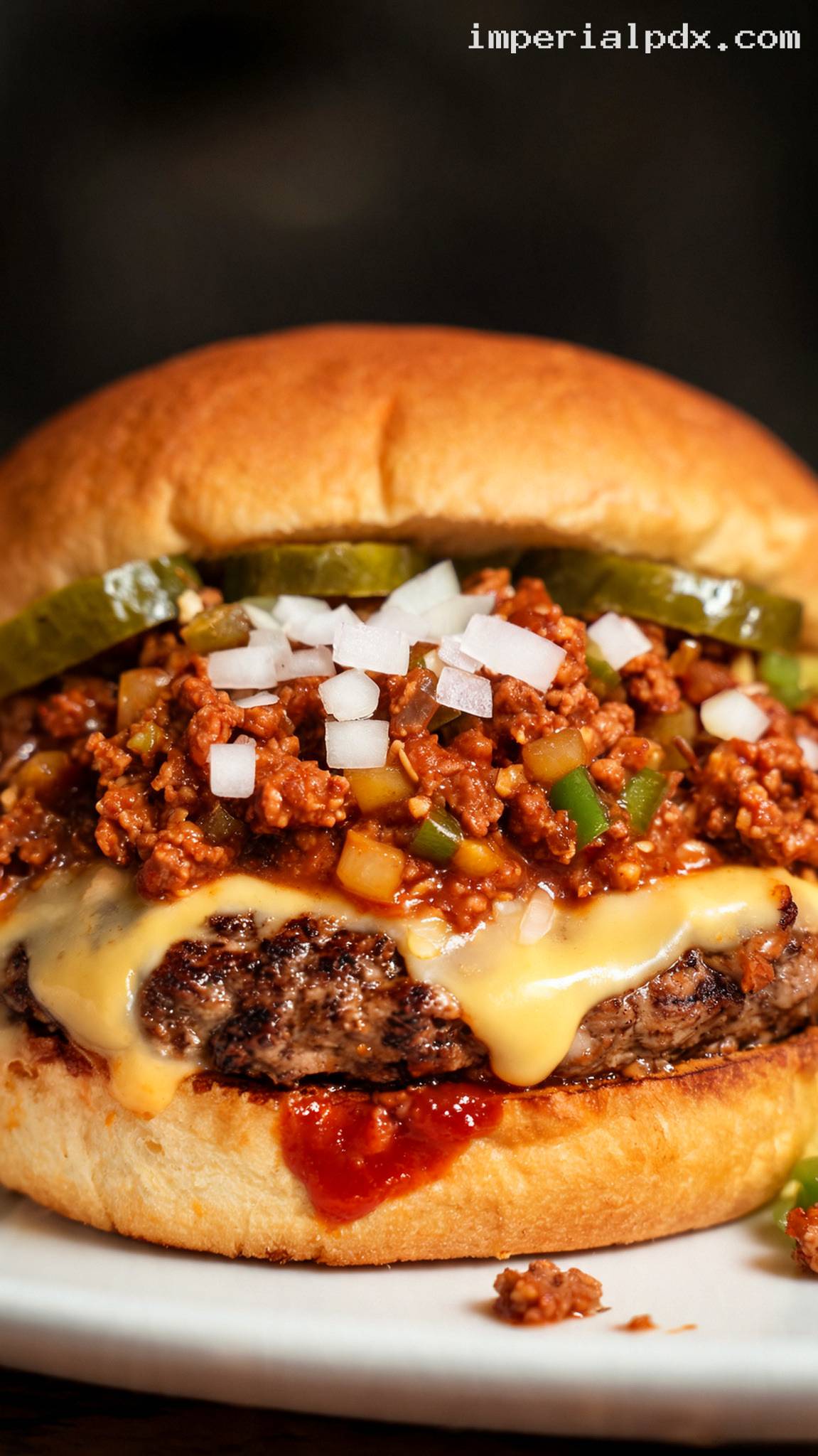 Sloppy Joe Cheeseburgers with Onions and Pickles – Closeup