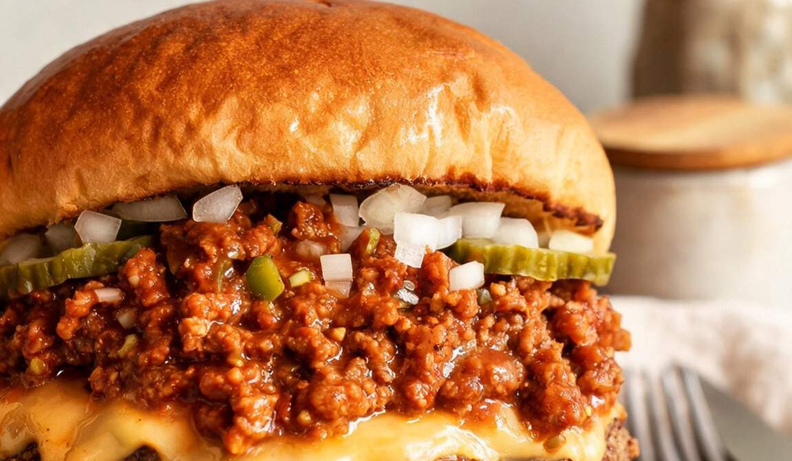 Sloppy Joe Cheeseburgers with Onions and Pickles