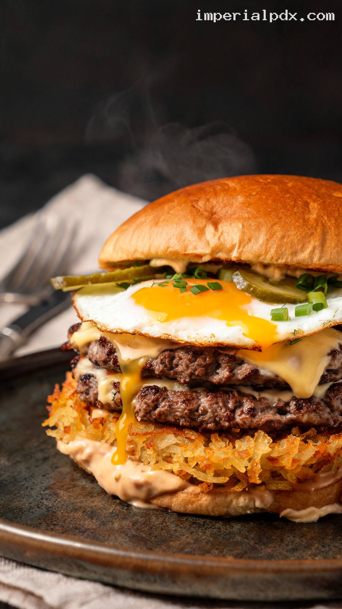 Smash Burger With Fried Egg and Hash Browns – Closeup