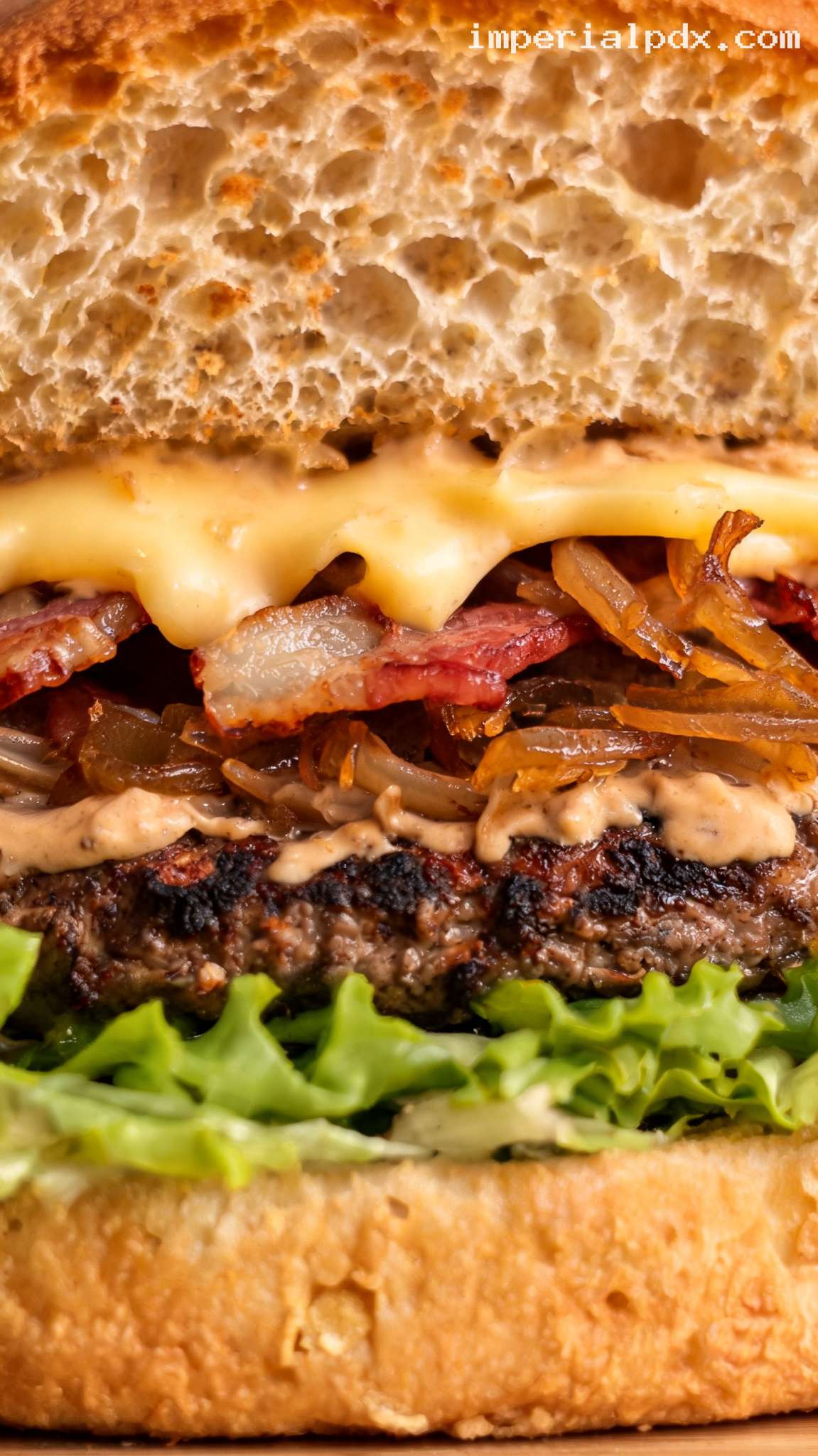 Smoked Gouda Bacon Burger With Barbecue Aioli – Closeup