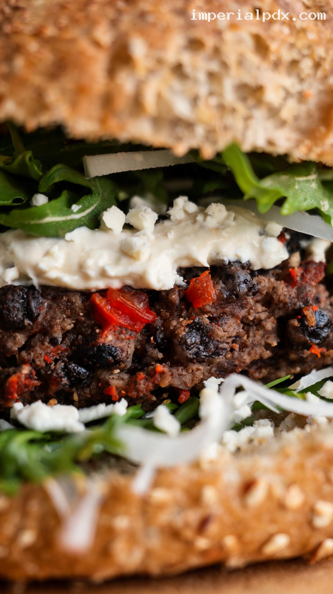 Smoky Paprika Veggie Burgers With Garlic Yogurt Sauce – Closeup
