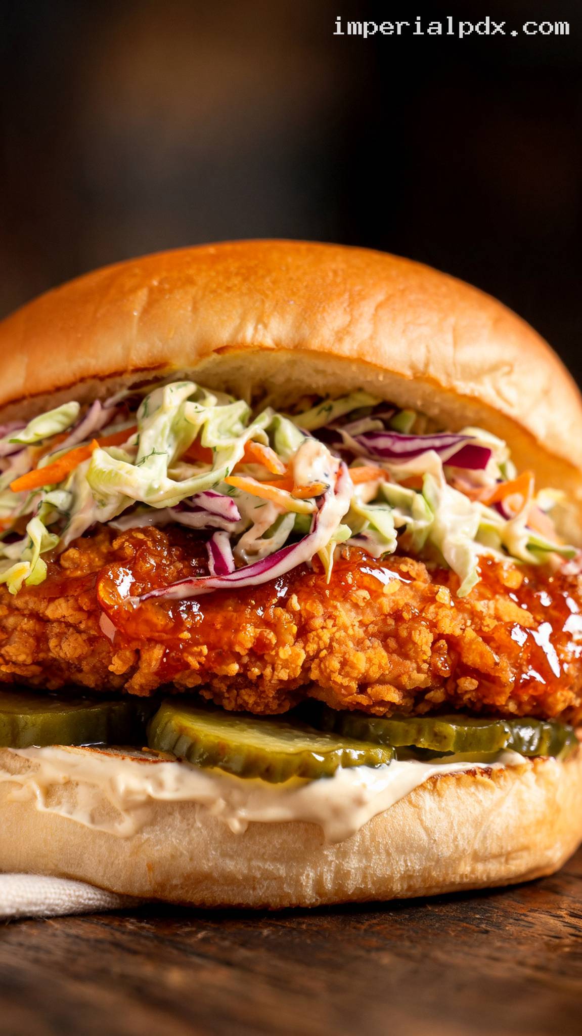 Southern Fried Chicken Burger With Spicy Honey Slaw – Closeup