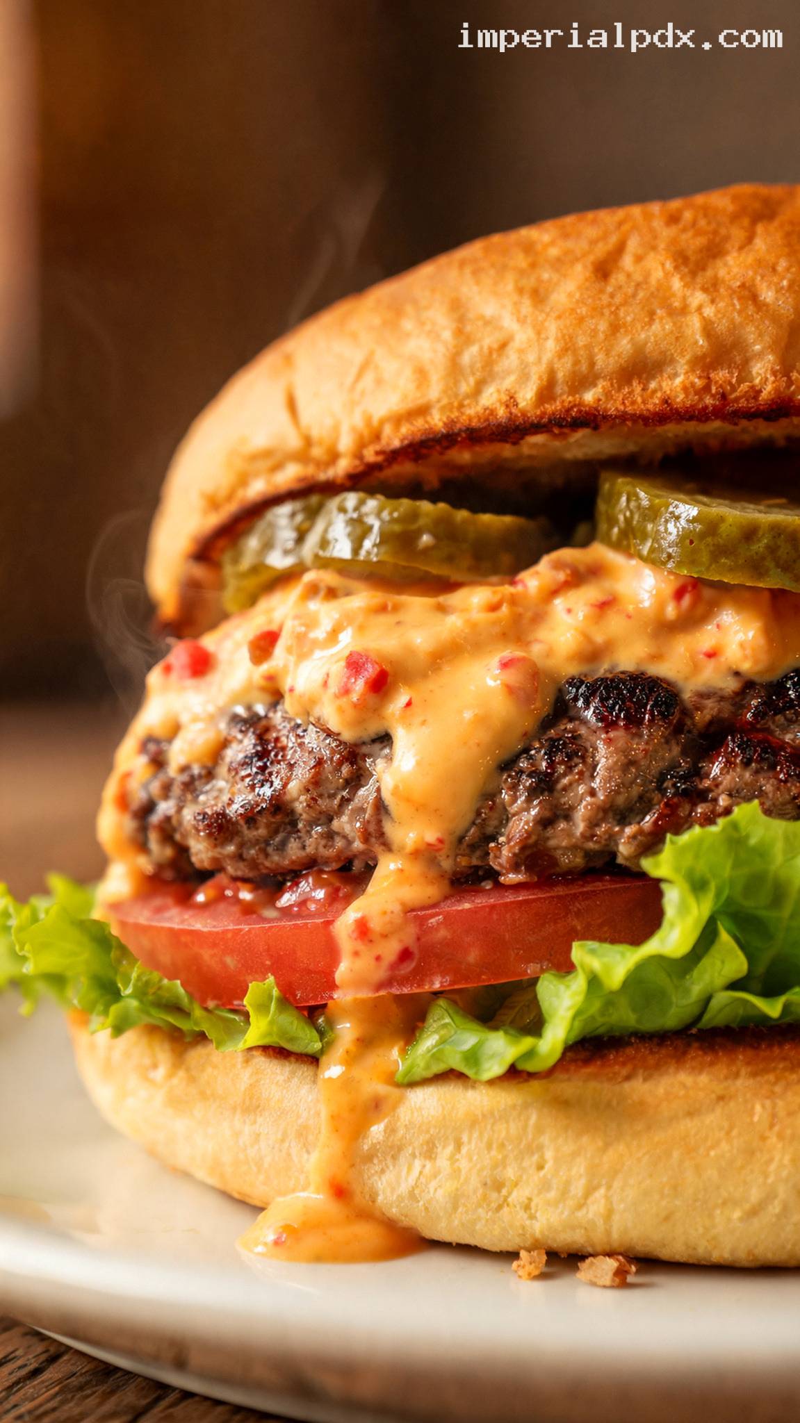 Southern Pimento Cheeseburger With Pickles – Closeup