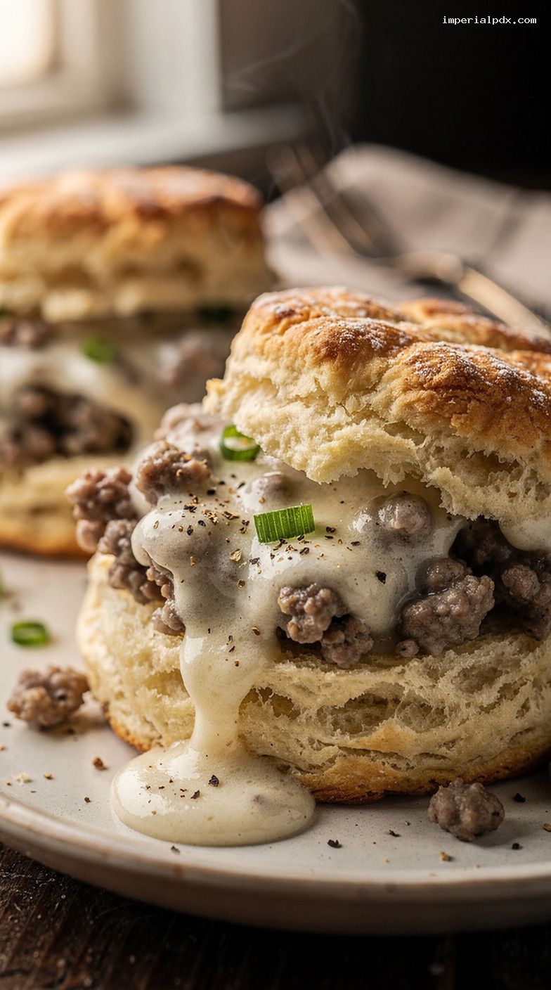 Southern Sausage Gravy and Fluffy Biscuits – Closeup