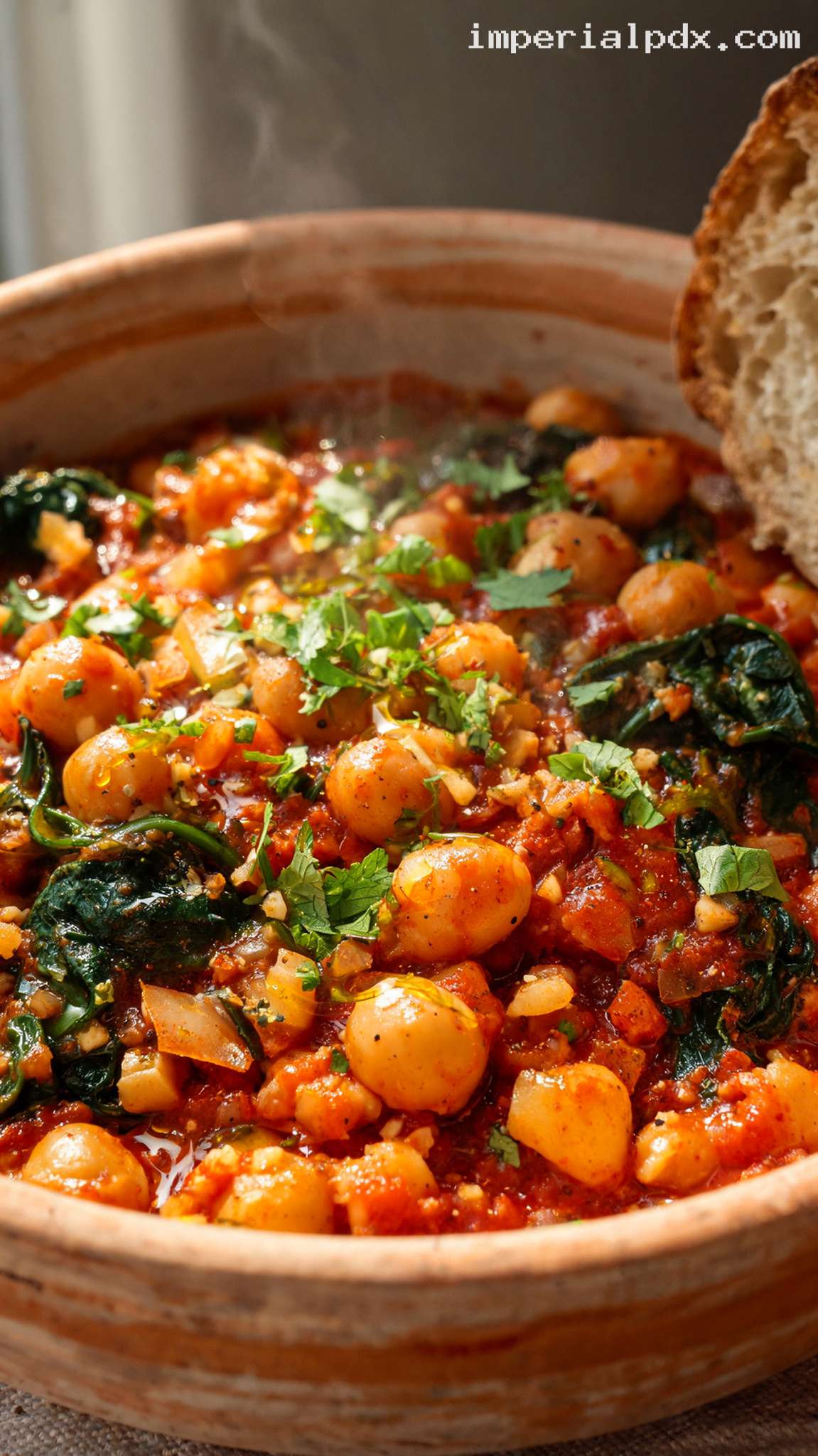 Spanish Chickpeas with Spinach and Smoked Paprika – Closeup