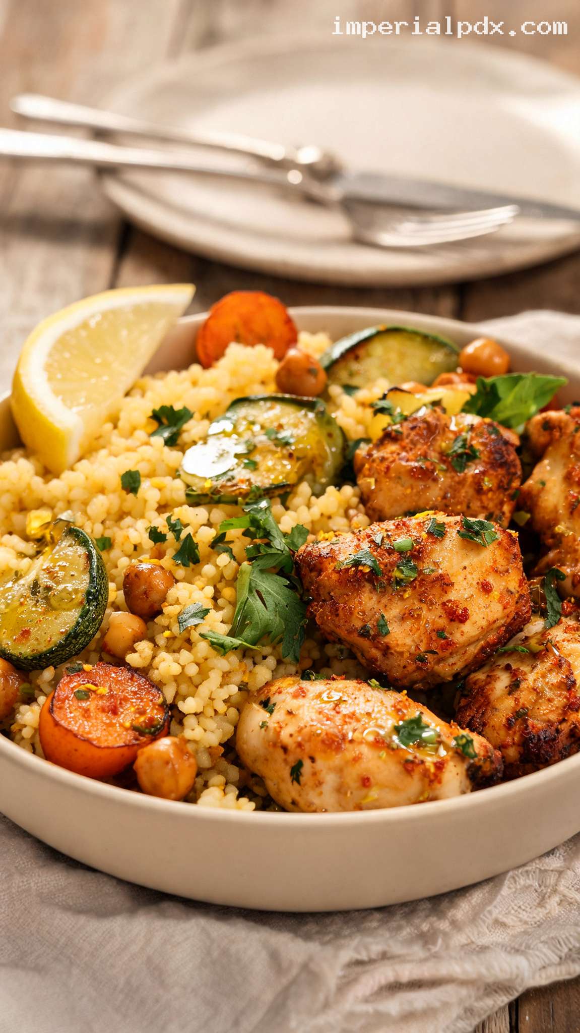 Spiced Chicken Couscous Bowls With Roasted Vegetables – Closeup