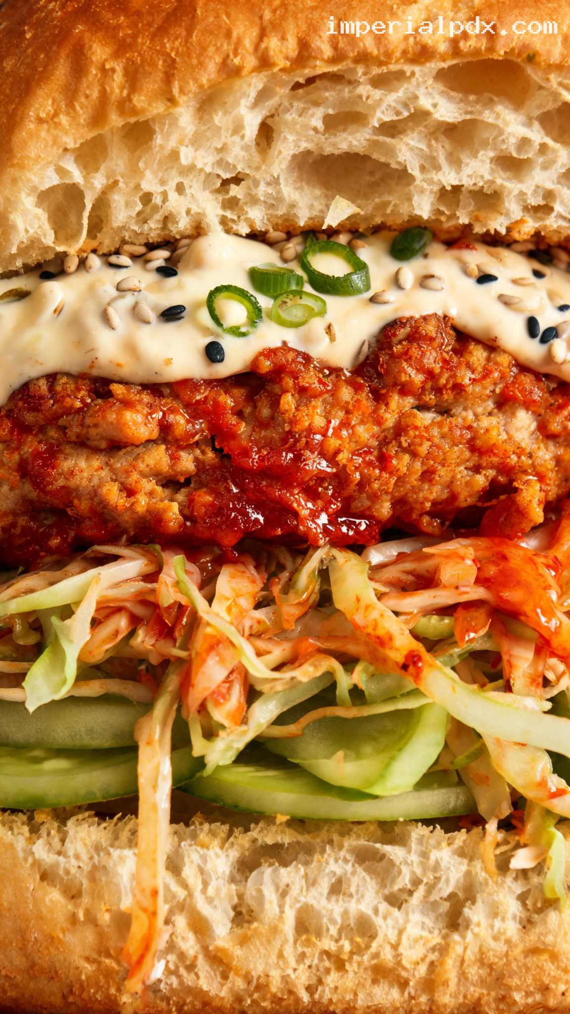 Spicy Korean Chicken Burgers With Kimchi Slaw – Closeup