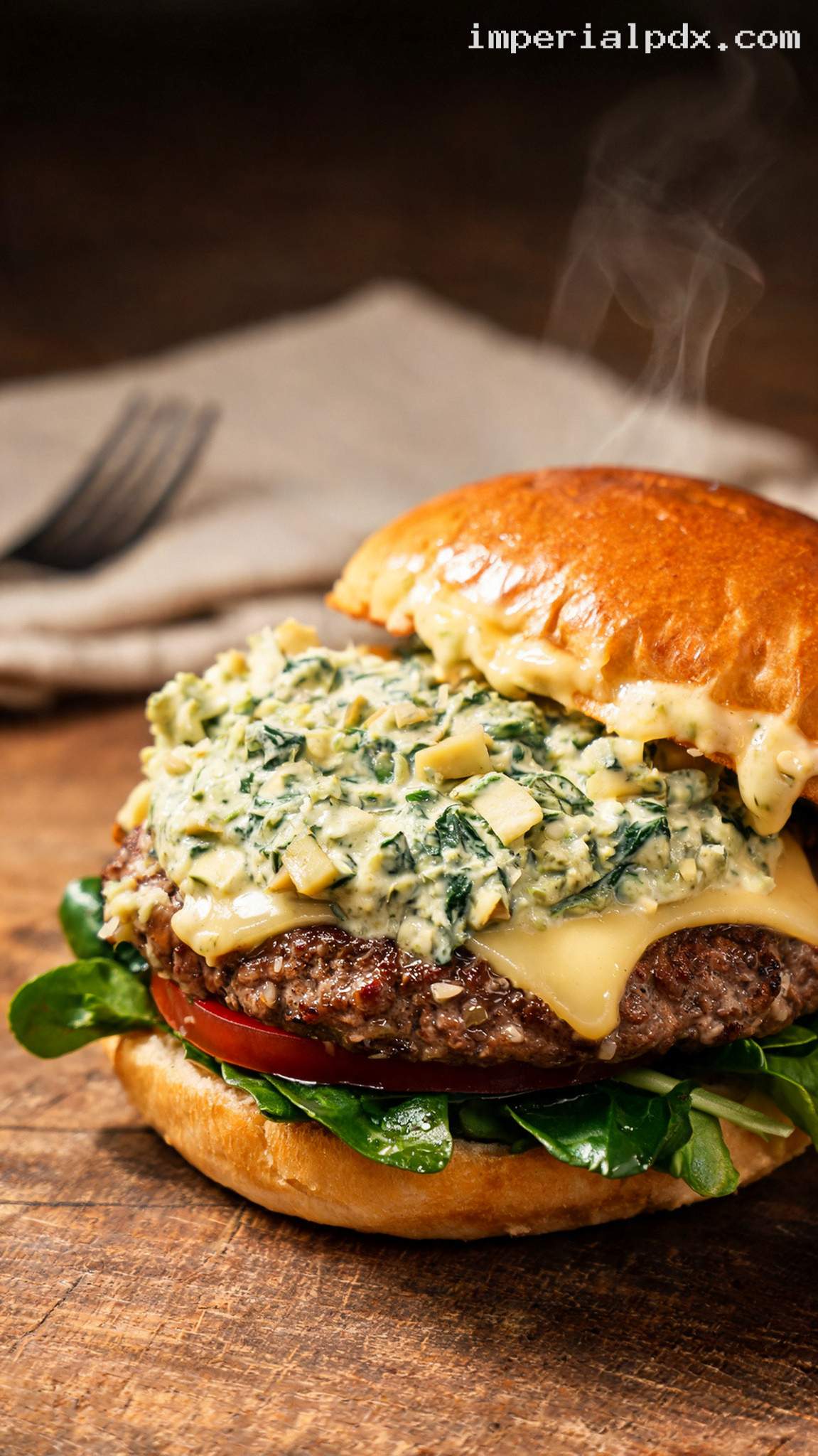 Spinach Artichoke Burger With Roasted Garlic Aioli – Closeup