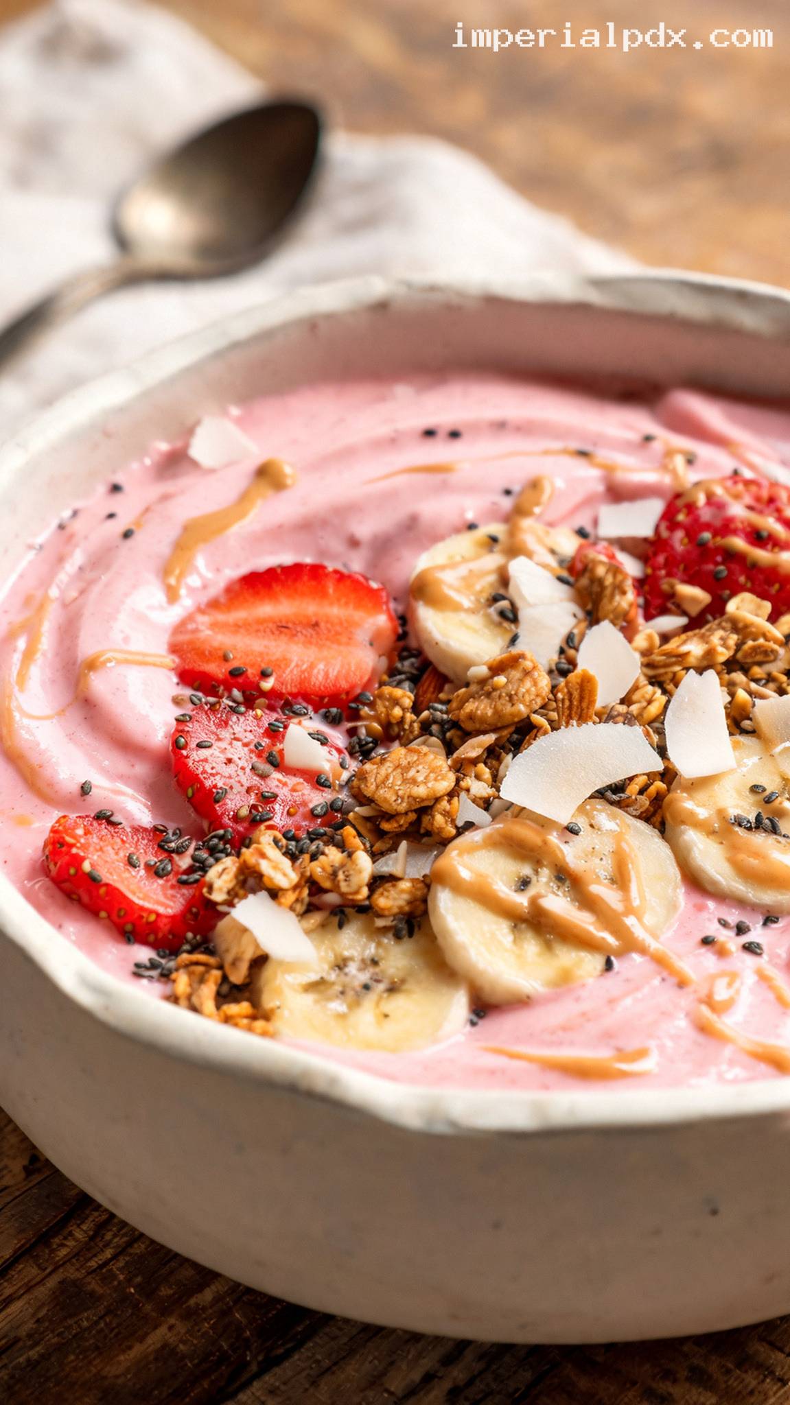 Strawberry Banana Smoothie Bowl With Granola – Closeup