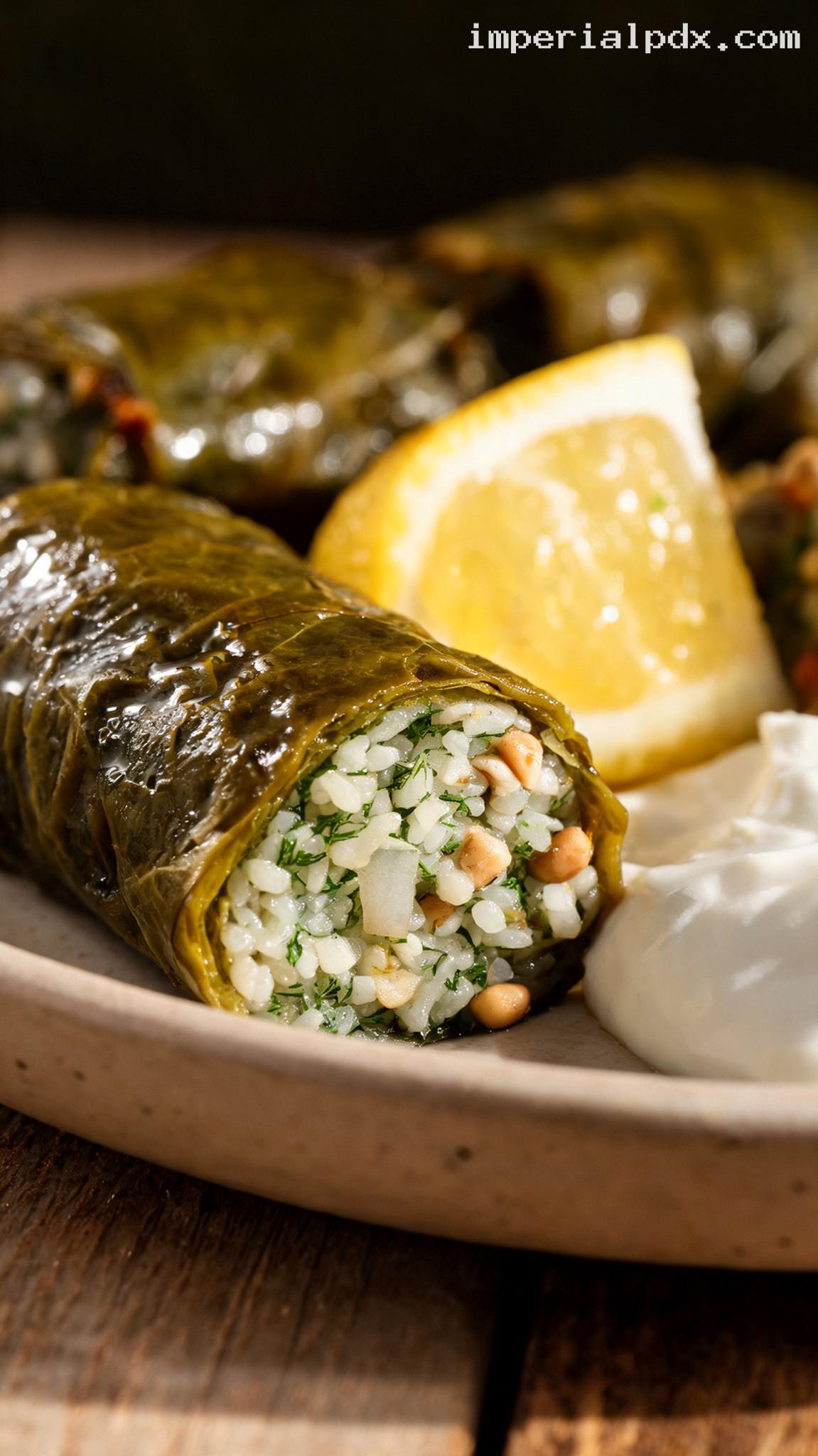 Stuffed Grape Leaves With Herbed Rice – Closeup