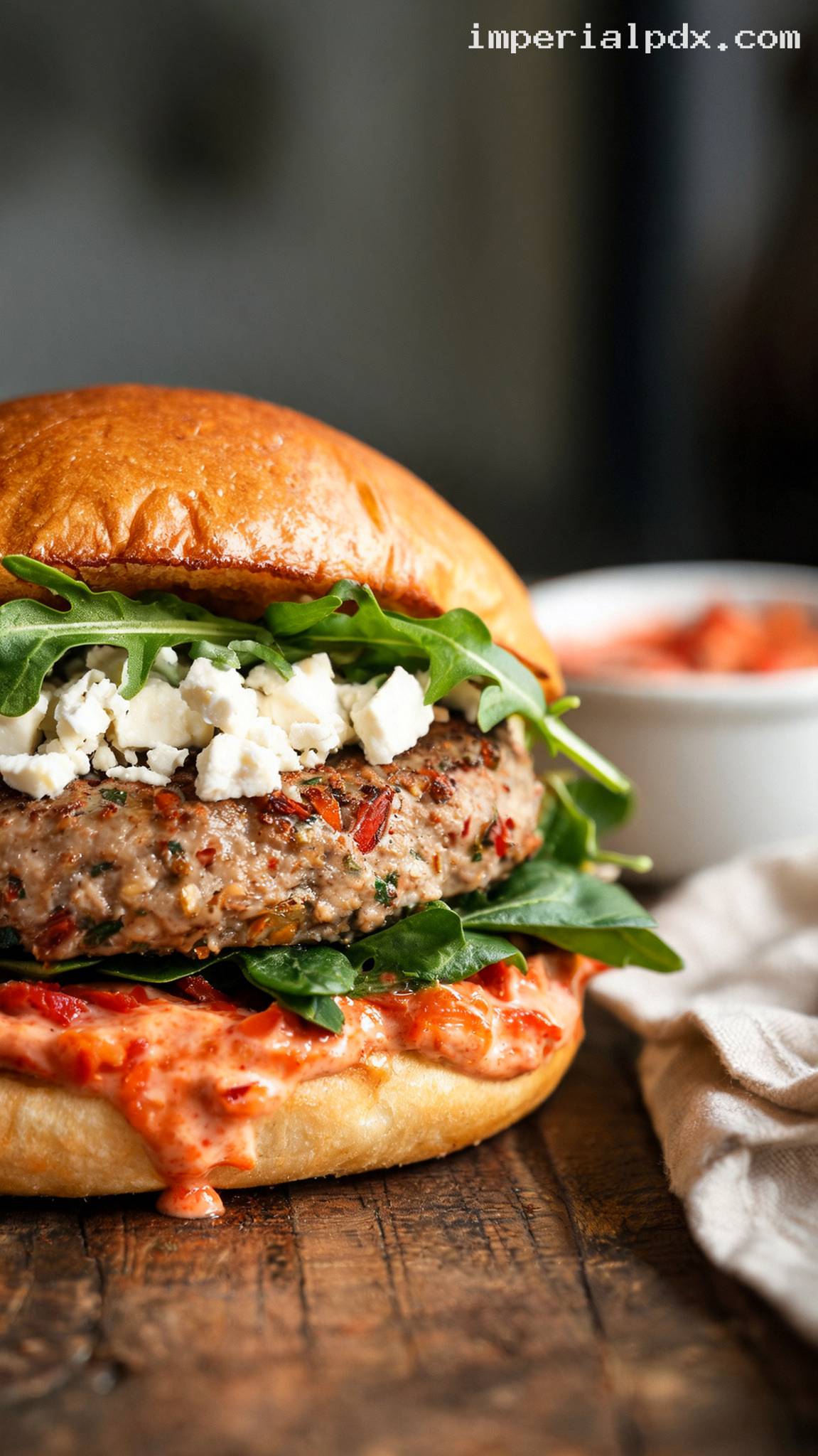 Sun-Dried Tomato Turkey Burgers With Feta – Closeup