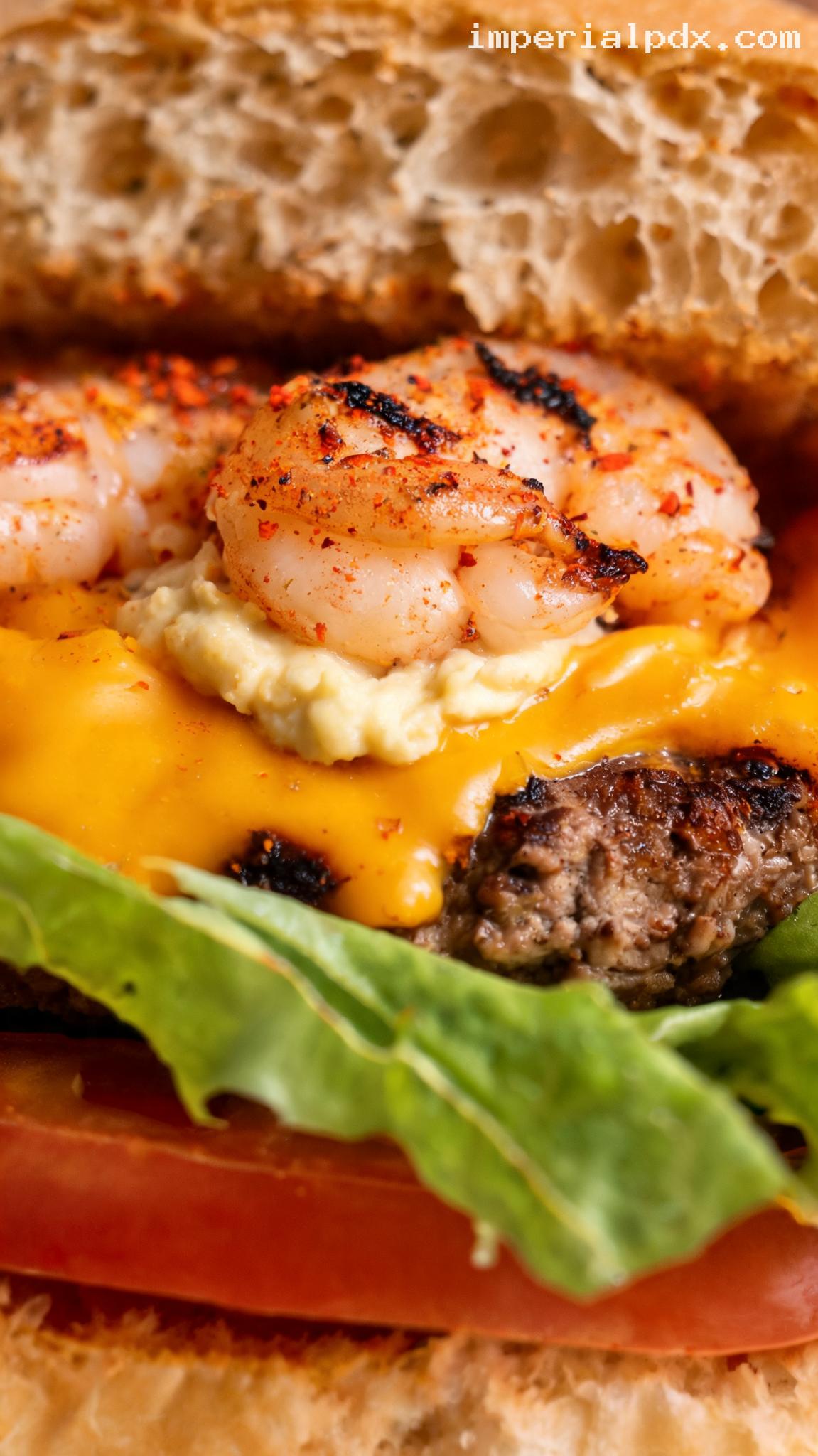 Surf and Turf Burger With Grilled Shrimp and Garlic Aioli – Closeup