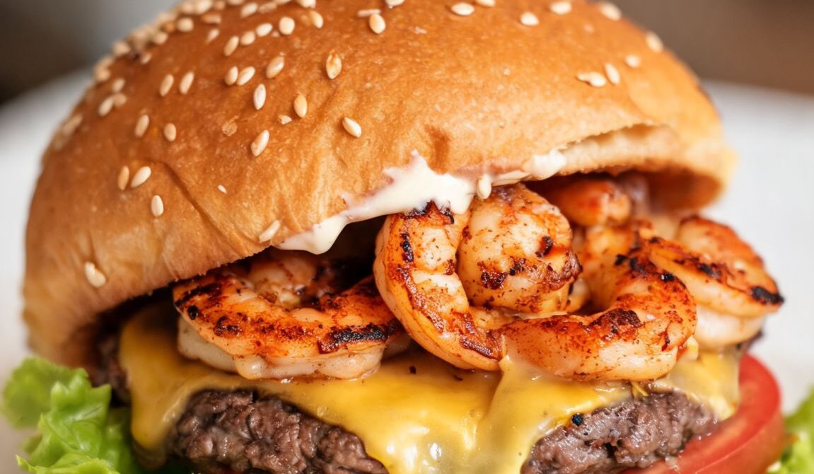 Surf and Turf Burger With Grilled Shrimp and Garlic Aioli