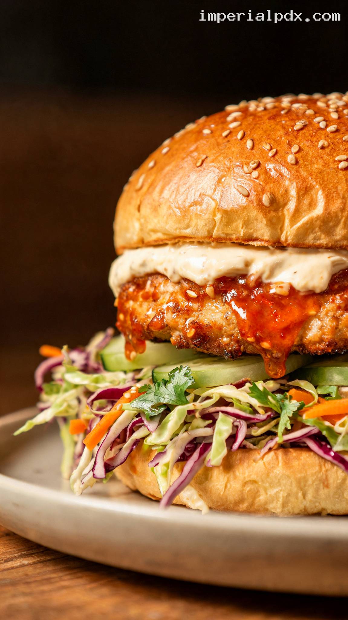 Sweet Chili Chicken Burgers With Asian Slaw and Sesame Mayo – Closeup