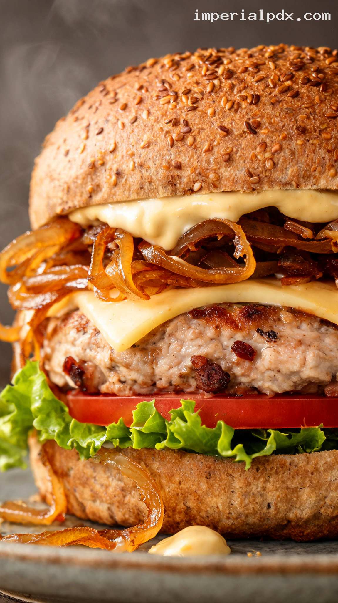 Swiss Bacon Turkey Burgers With Dijon Mayo – Closeup