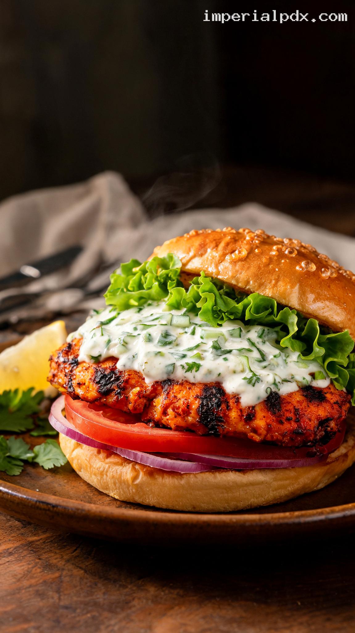 Tandoori Chicken Burger With Cucumber Raita – Closeup
