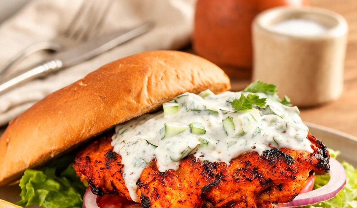 Tandoori Chicken Burger With Cucumber Raita