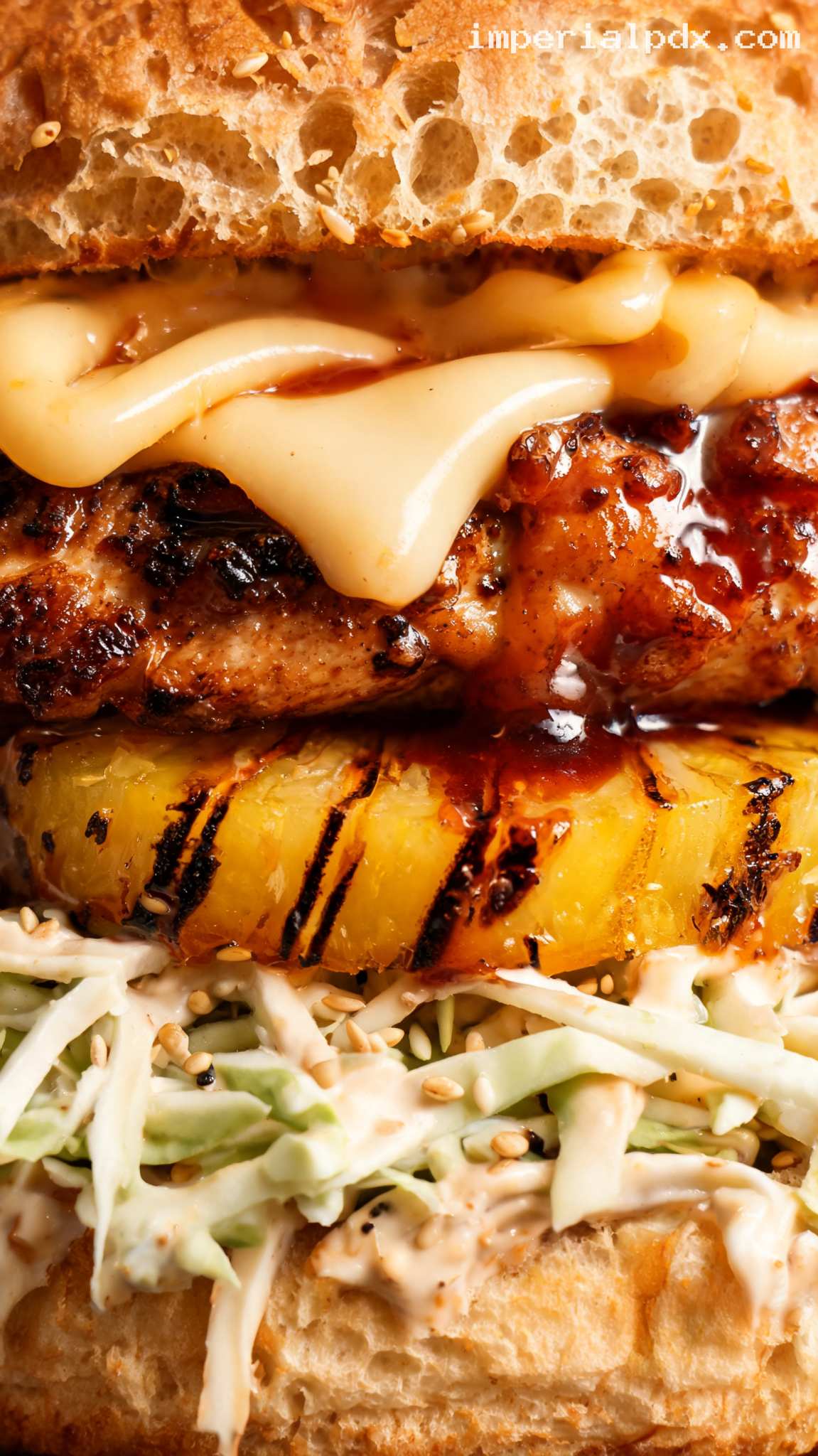 Teriyaki Pineapple Chicken Burgers with Sesame Slaw – Closeup