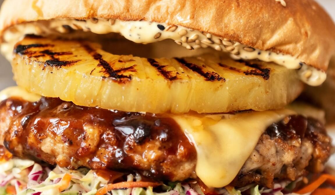 Teriyaki Pineapple Chicken Burgers with Sesame Slaw