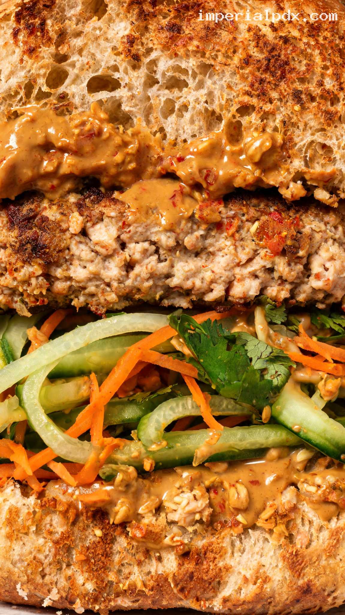 Thai Chicken Satay Burger With Peanut Sauce – Closeup