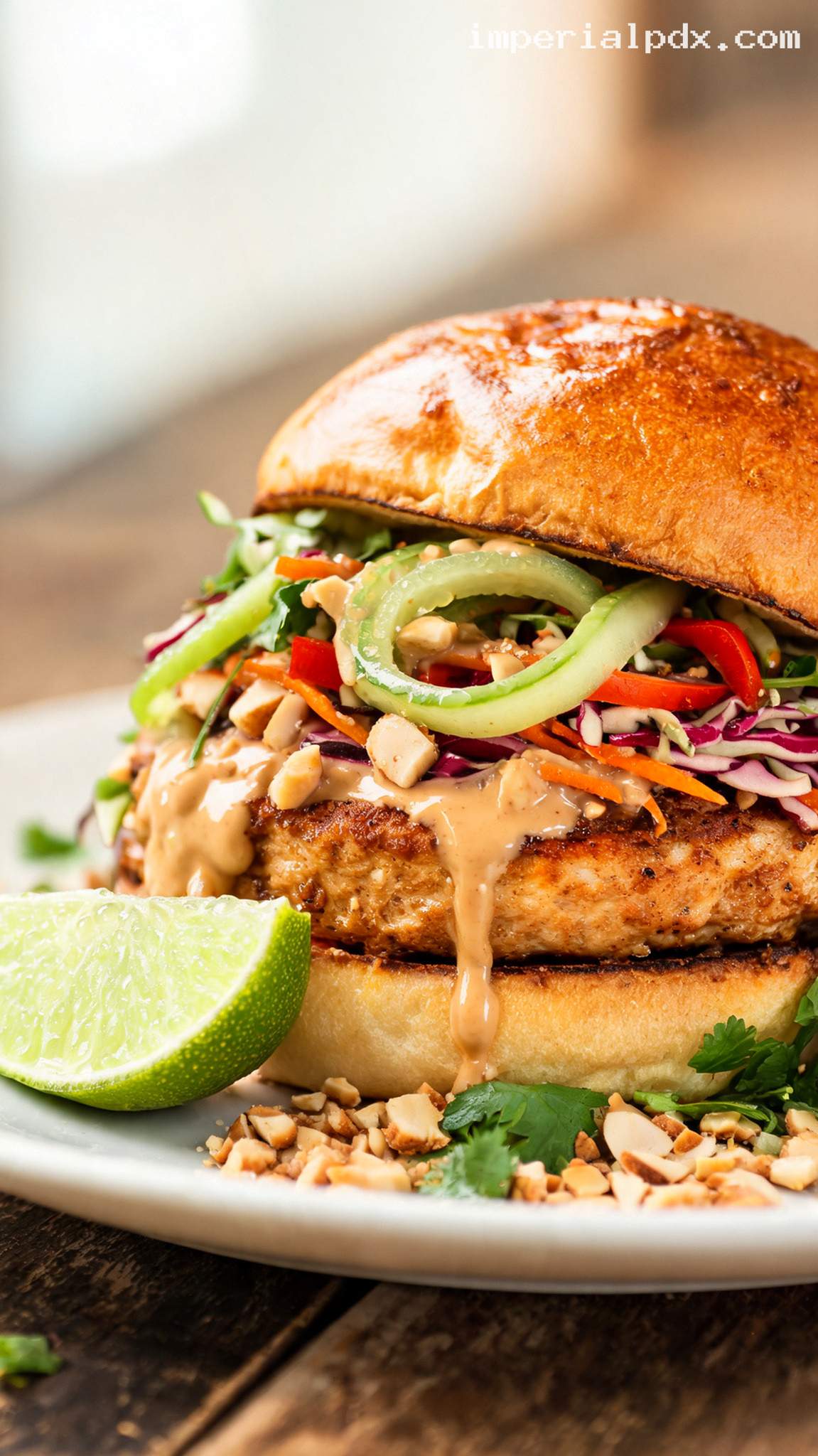 Thai Peanut Chicken Burgers With Crunchy Slaw – Closeup
