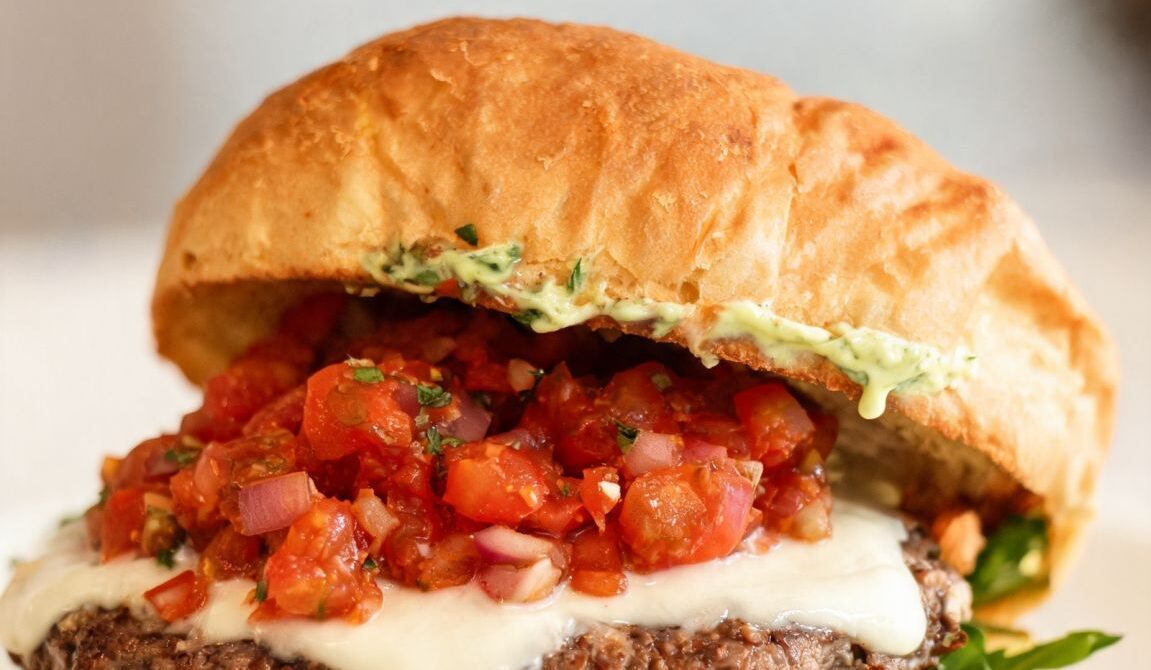 Tomato Basil Burger with Mozzarella and Peppery Greens