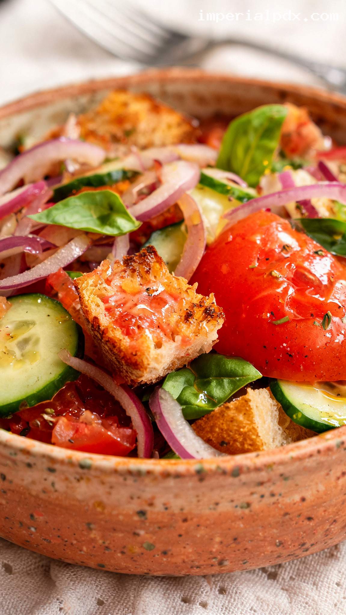 Tomato Basil Panzanella Salad With Cucumber – Closeup