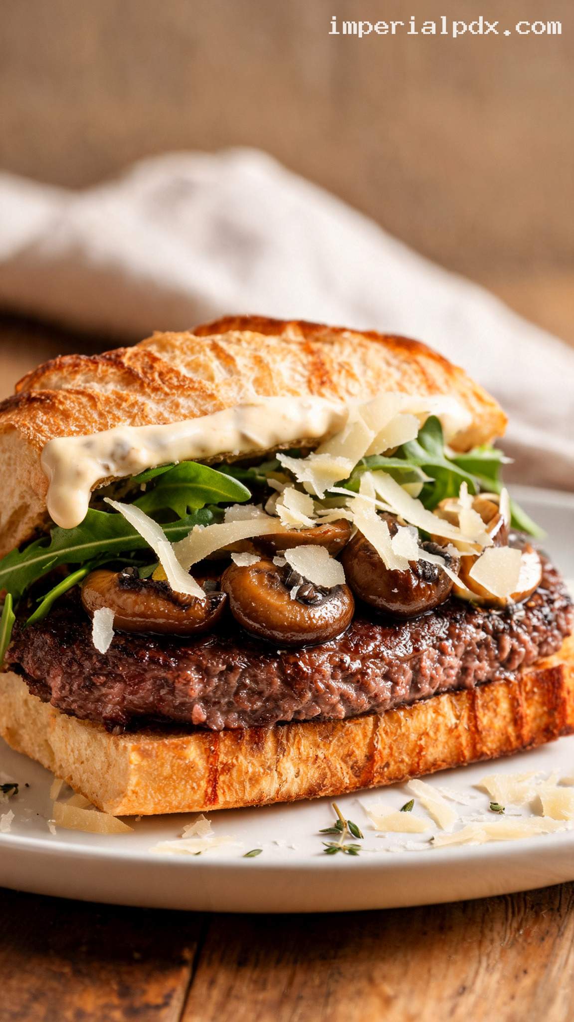 Truffle Parmesan Burger With Roasted Mushrooms – Closeup