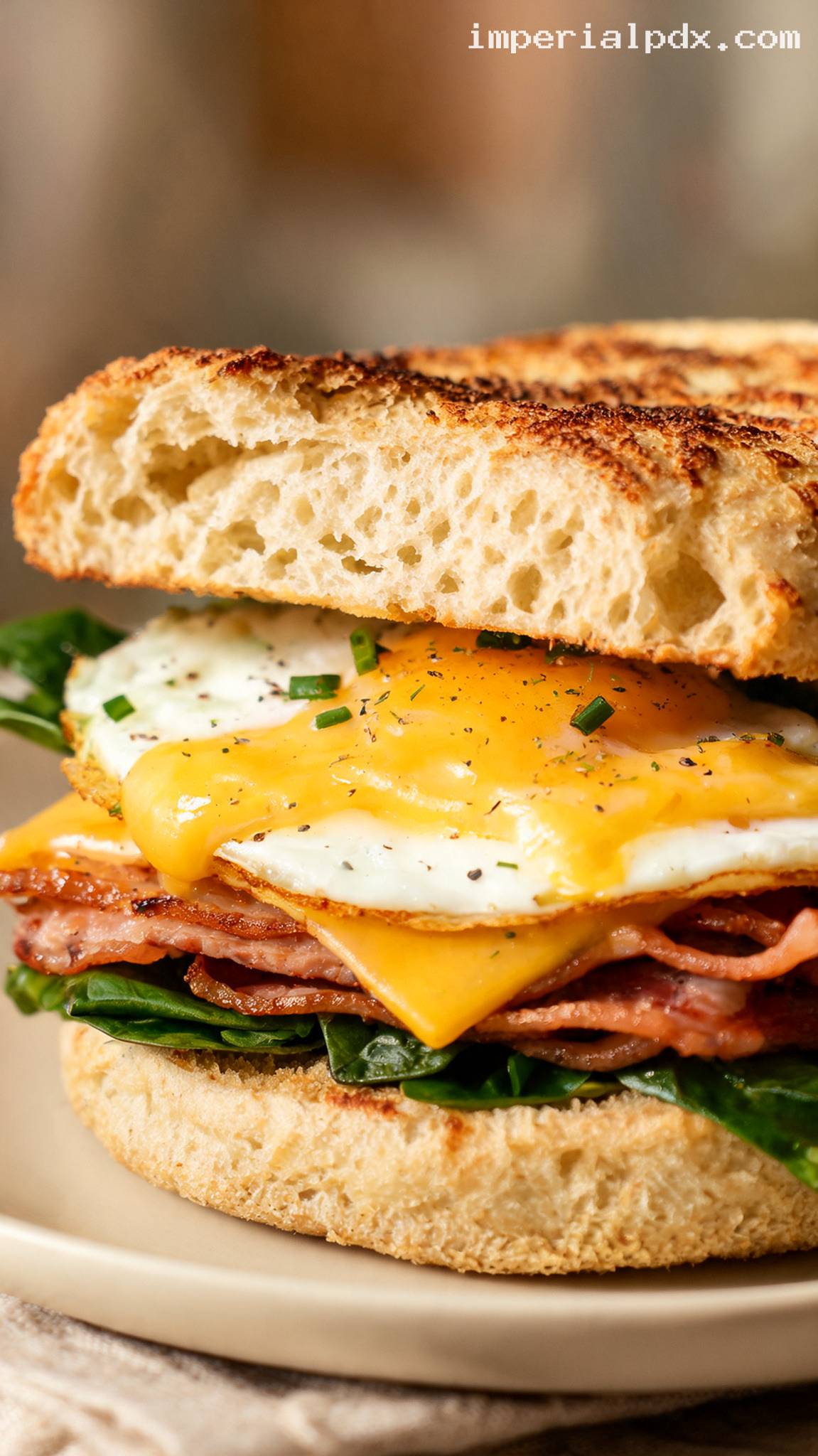 Turkey Bacon and Egg English Muffin Sandwich – Closeup