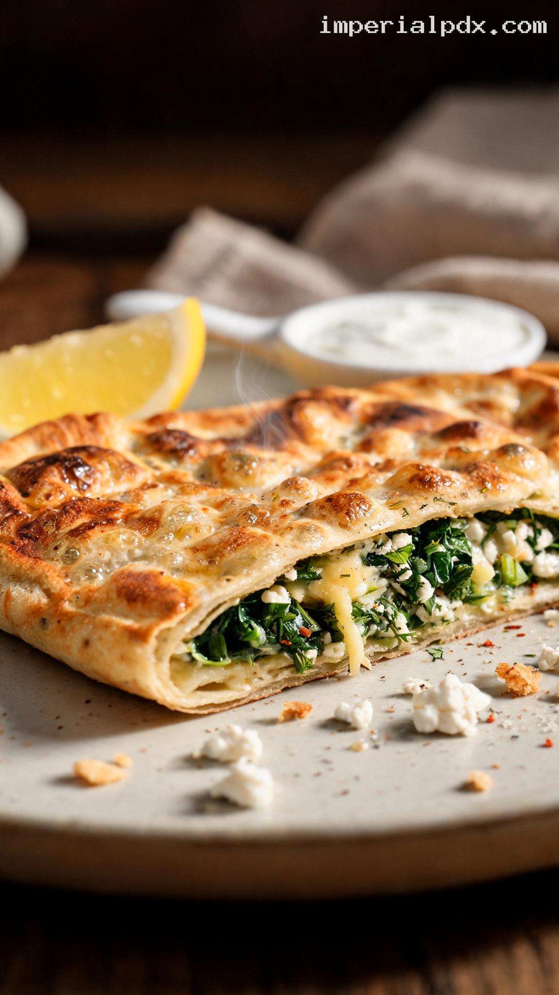 Turkish Spinach and Cheese Gözleme – Closeup