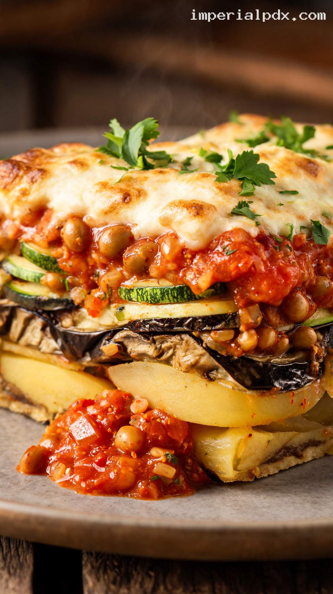 Vegetarian Lentil Moussaka With Eggplant And Potatoes – Closeup