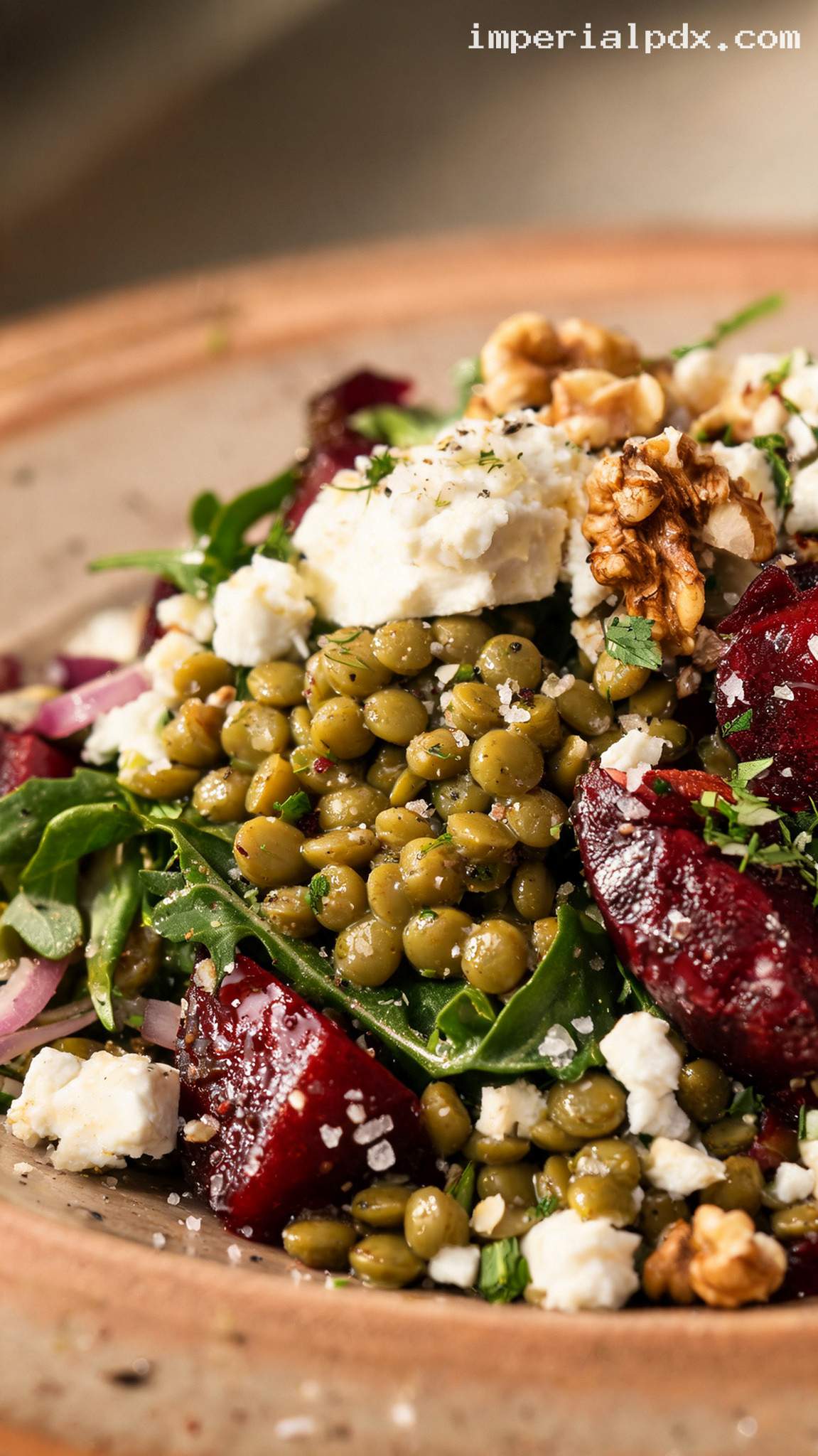 Warm Lentil and Roasted Beet Salad With Goat Cheese – Closeup