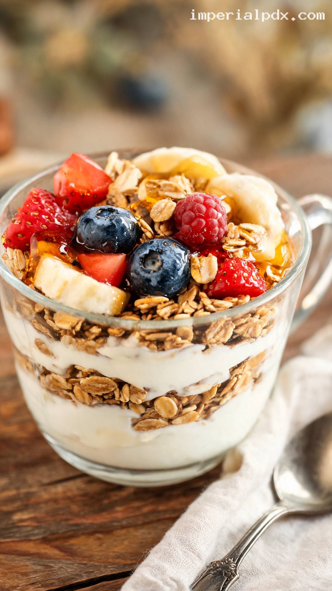 Yogurt Granola Breakfast Cups With Fruit and Honey – Closeup