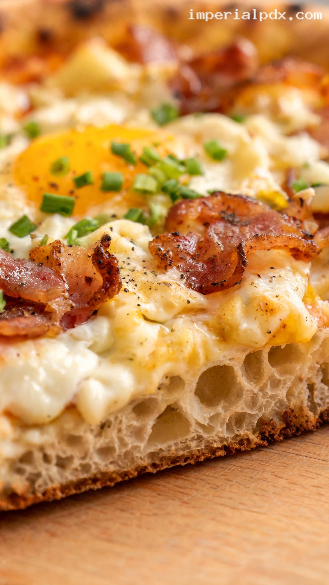 Bacon, Egg, and Cheese Breakfast Pizza – Closeup