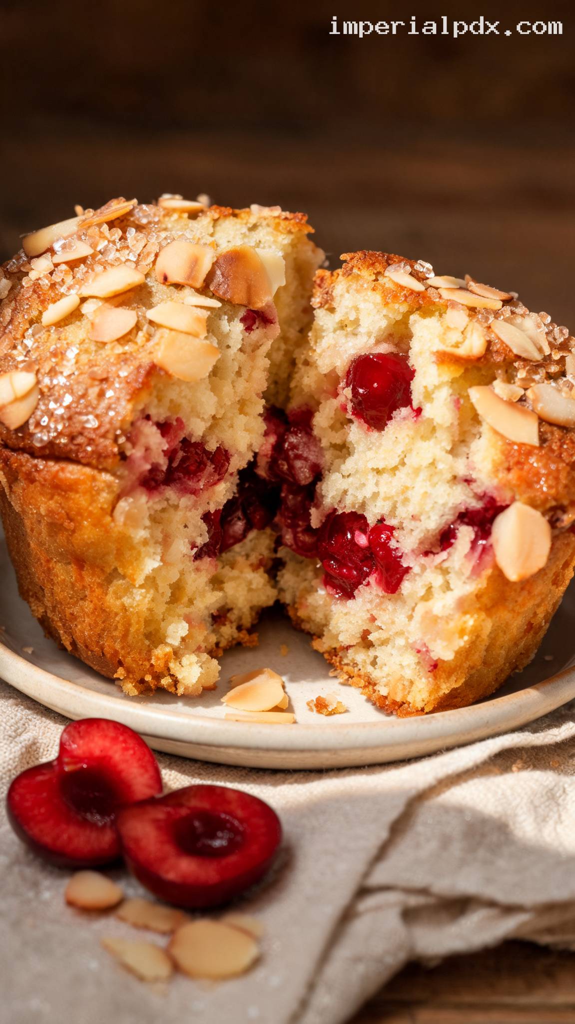 Bakery-Style Cherry Almond Muffins – Closeup