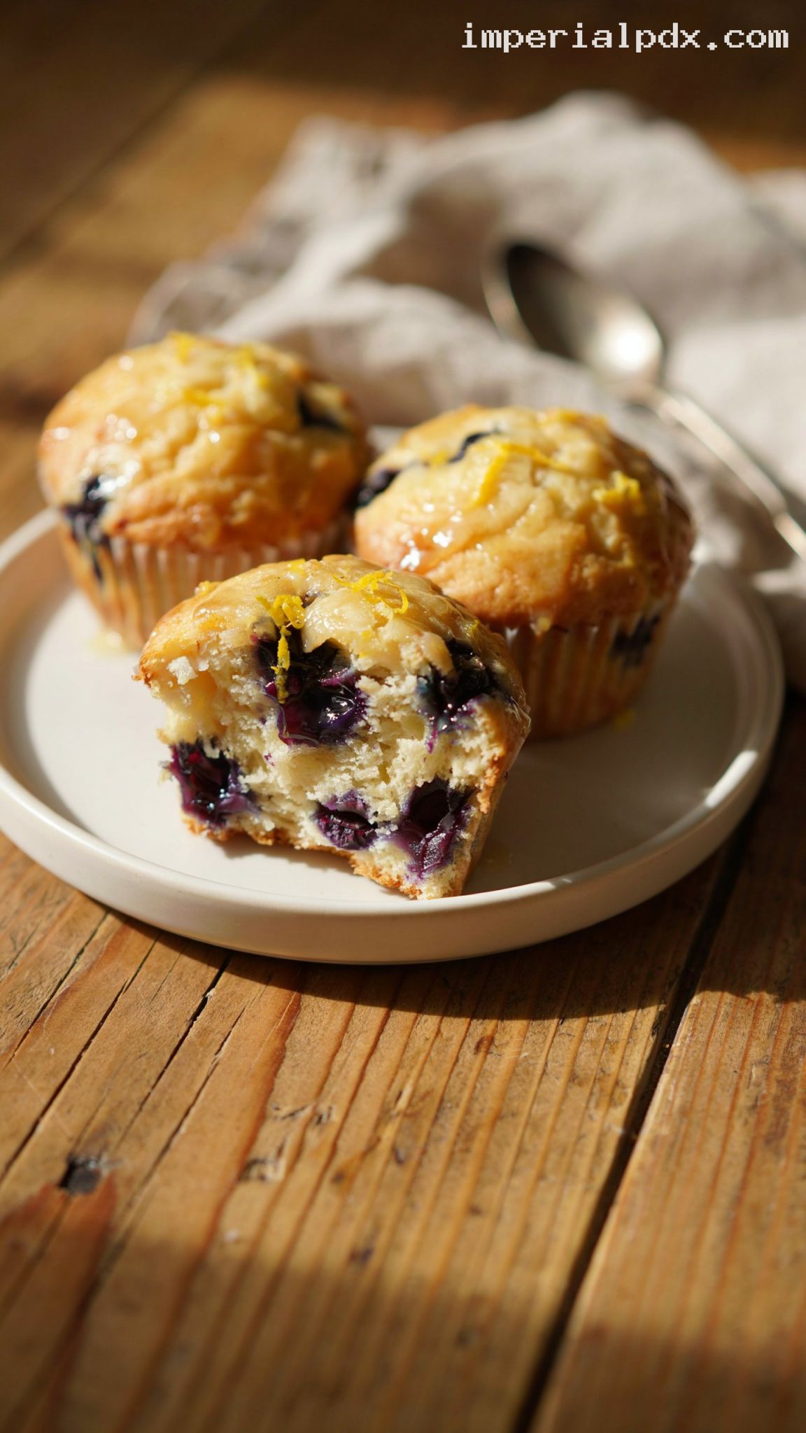 Bakery-Style Glazed Lemon Blueberry Muffins – Closeup
