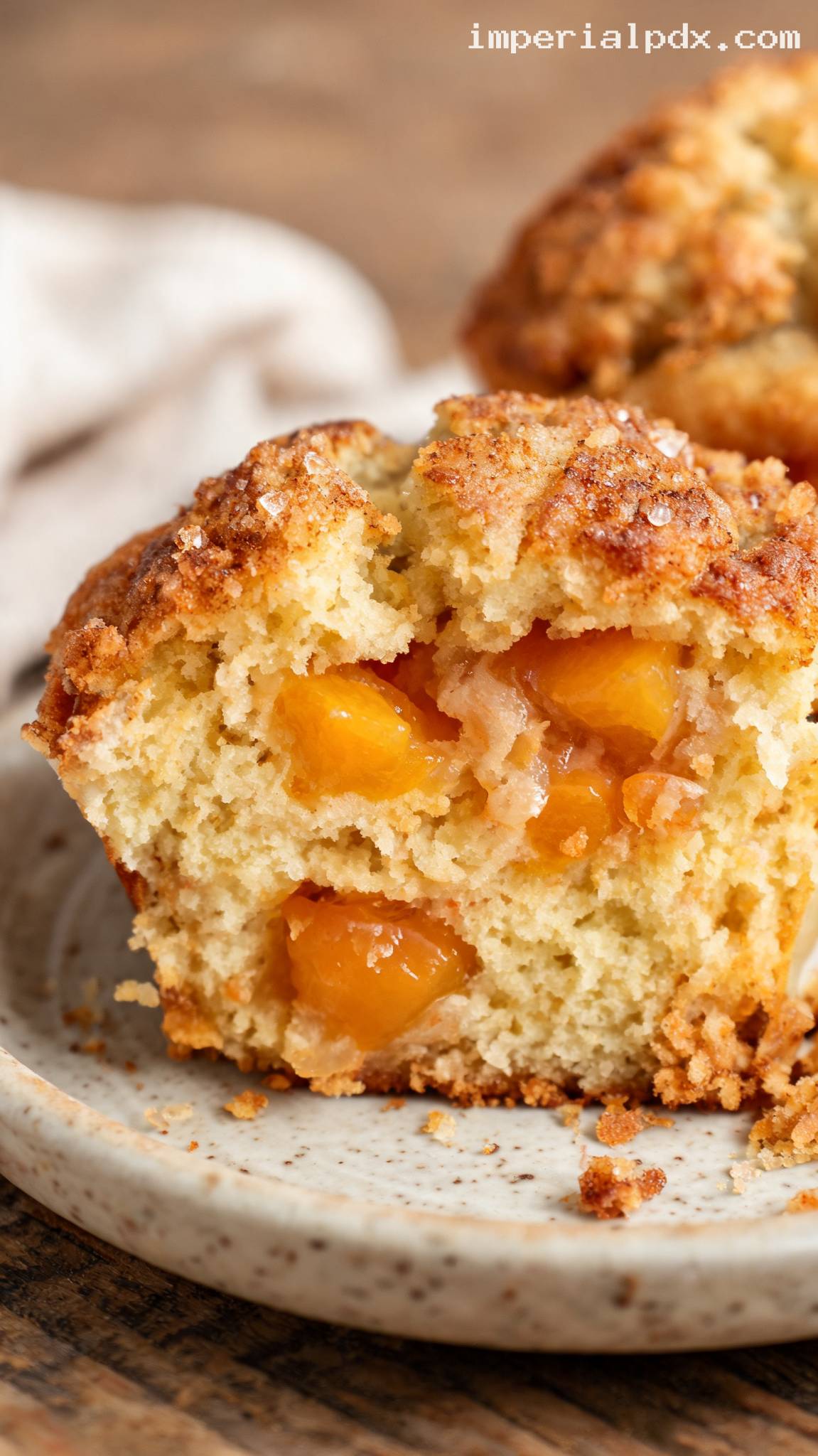 Bakery-Style Peach Crumb Muffins – Closeup