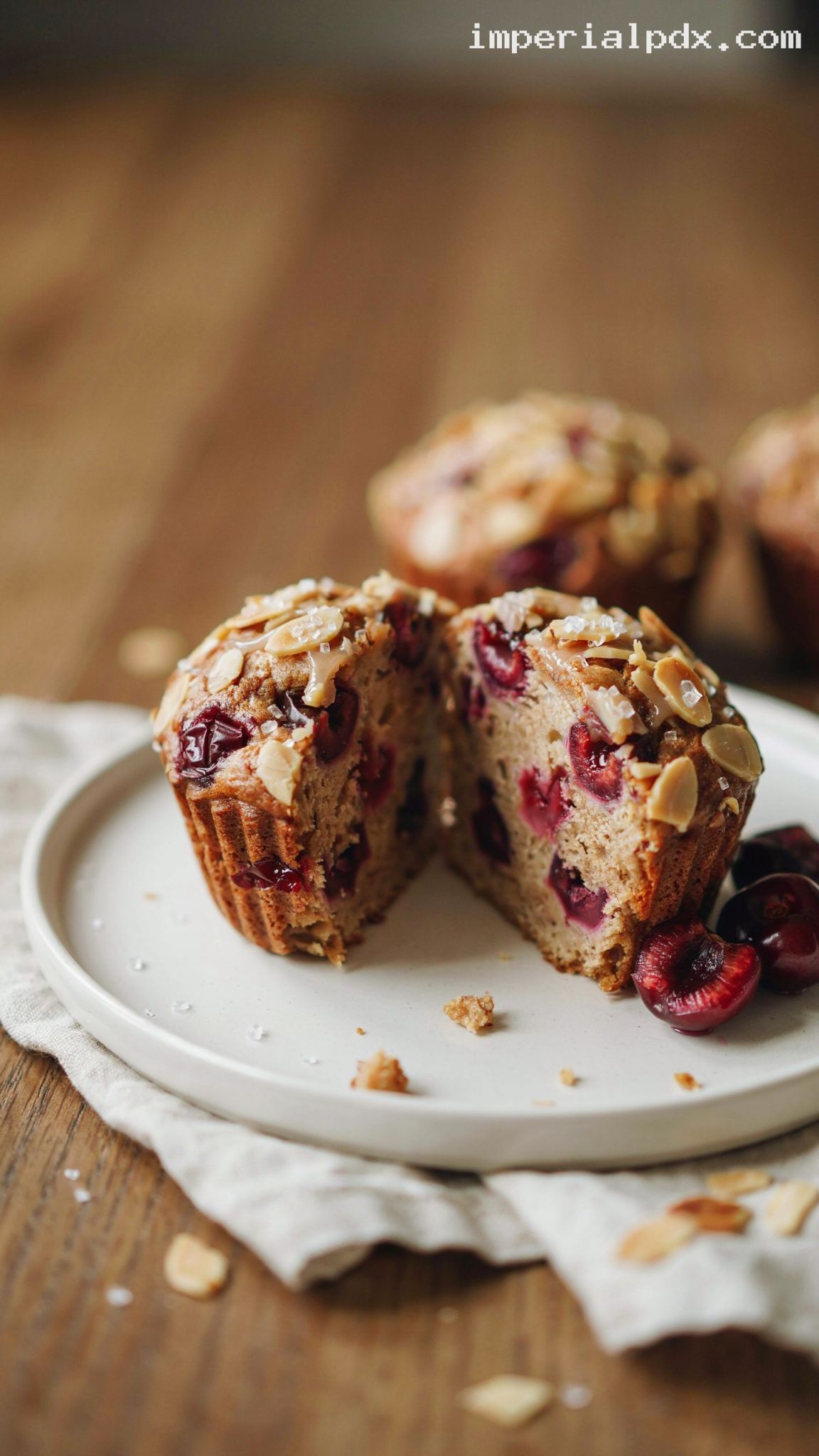 Bakery-Style Sour Cherry Almond Muffins – Closeup