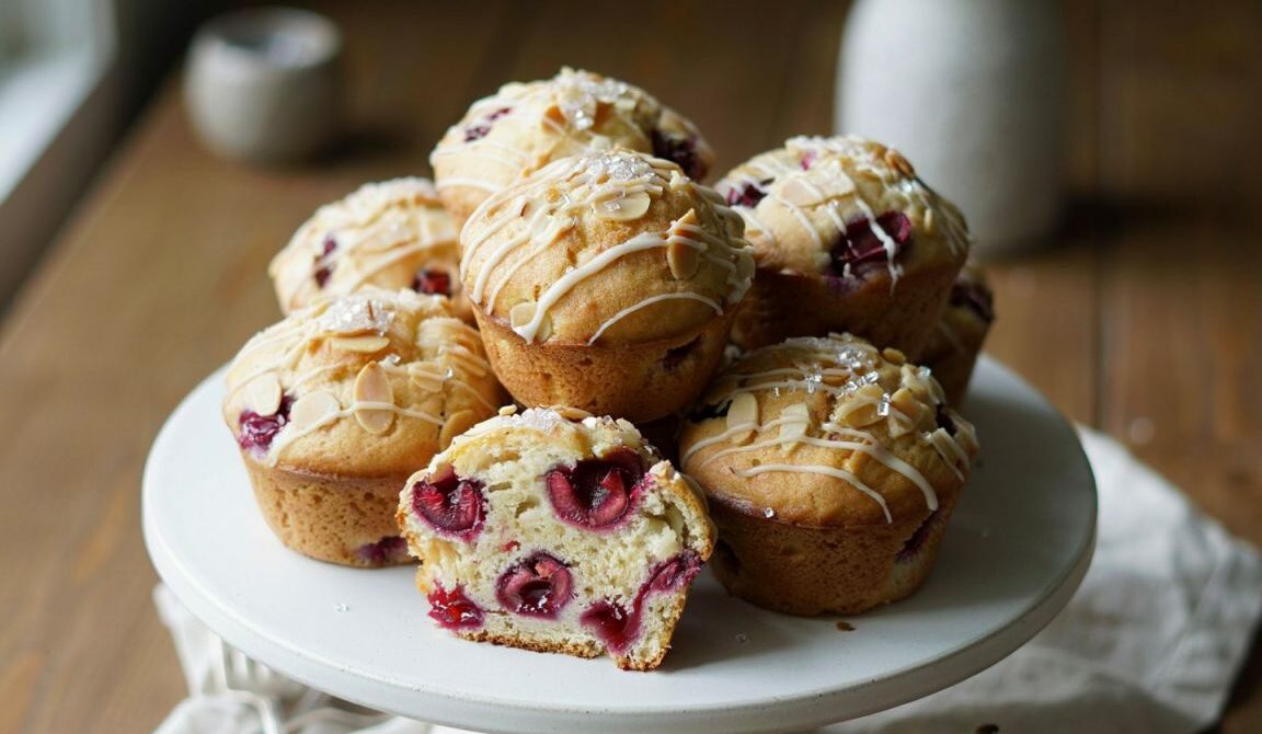 Bakery-Style Sour Cherry Almond Muffins