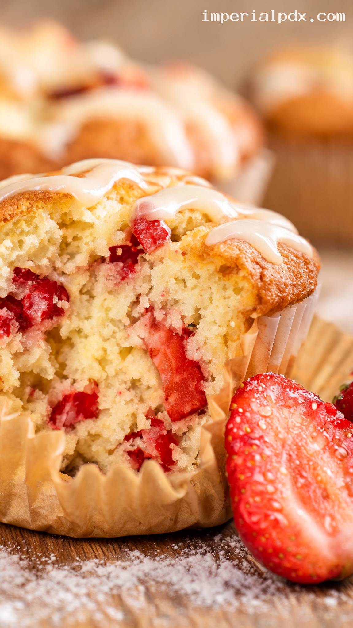 Bakery-Style Strawberry Cream Muffins With Vanilla Glaze – Closeup