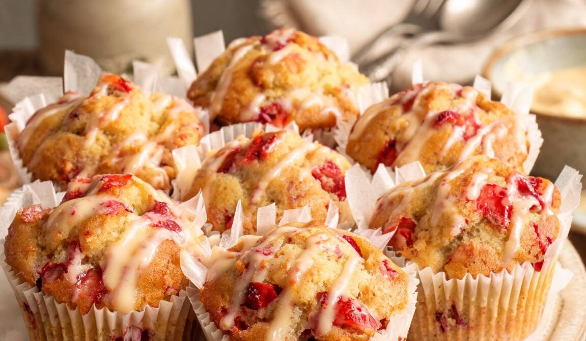 Bakery-Style Strawberry Cream Muffins With Vanilla Glaze