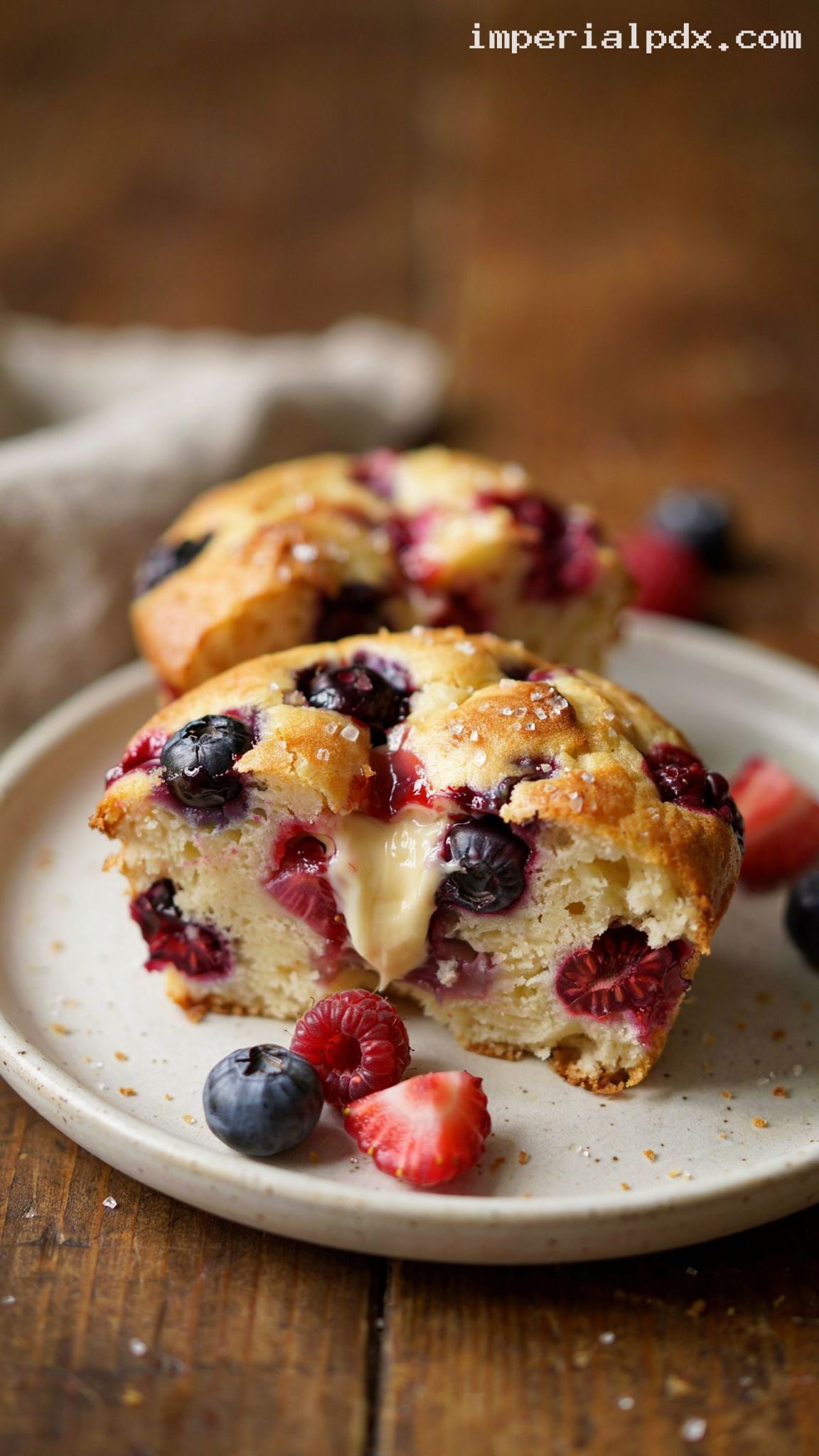 Bakery-Style Wild Berry Cream Muffins – Closeup