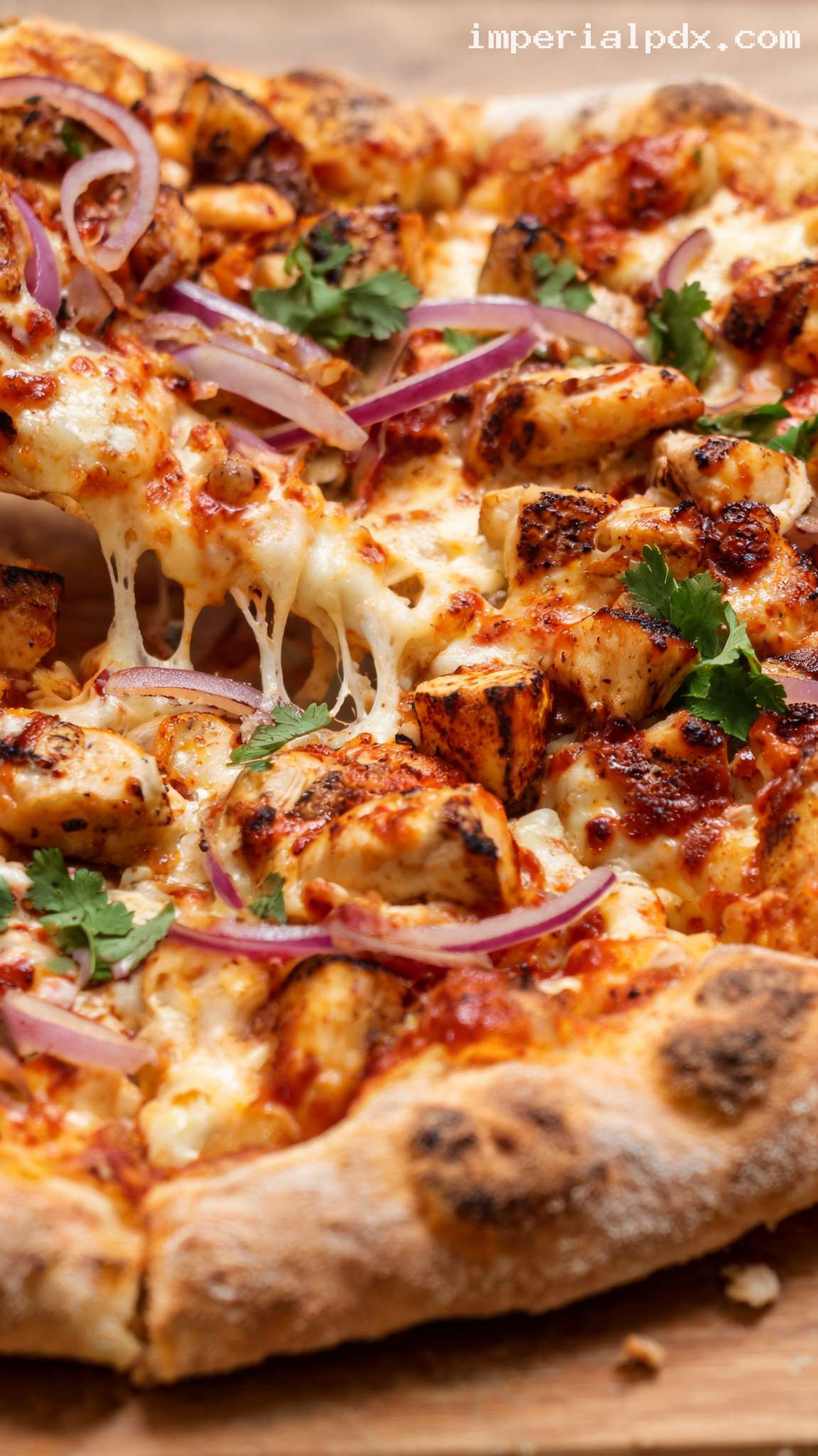 BBQ Chicken Pizza With Red Onion and Cilantro – Closeup