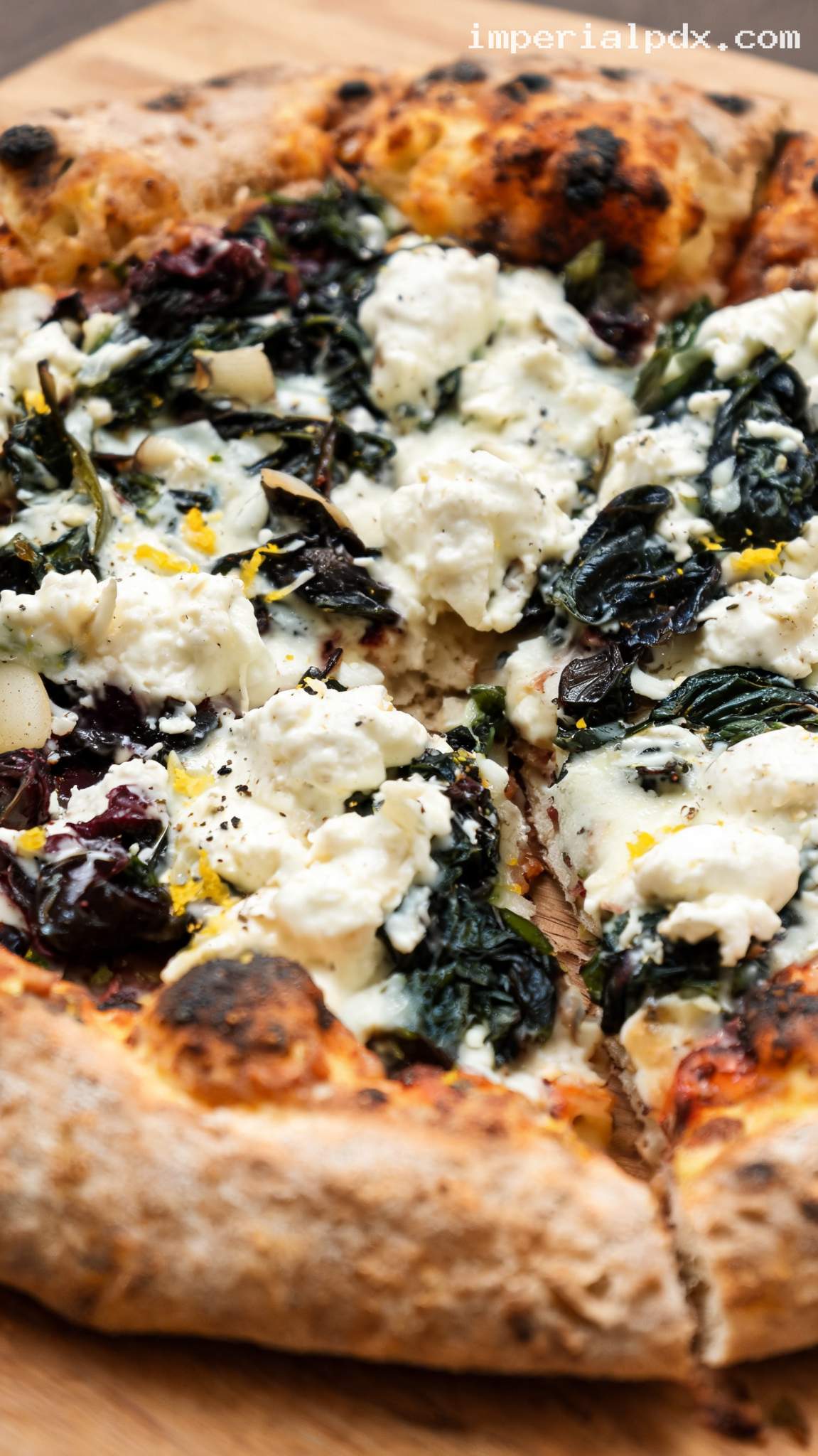Beet Greens and Stracciatella White Pizza – Closeup