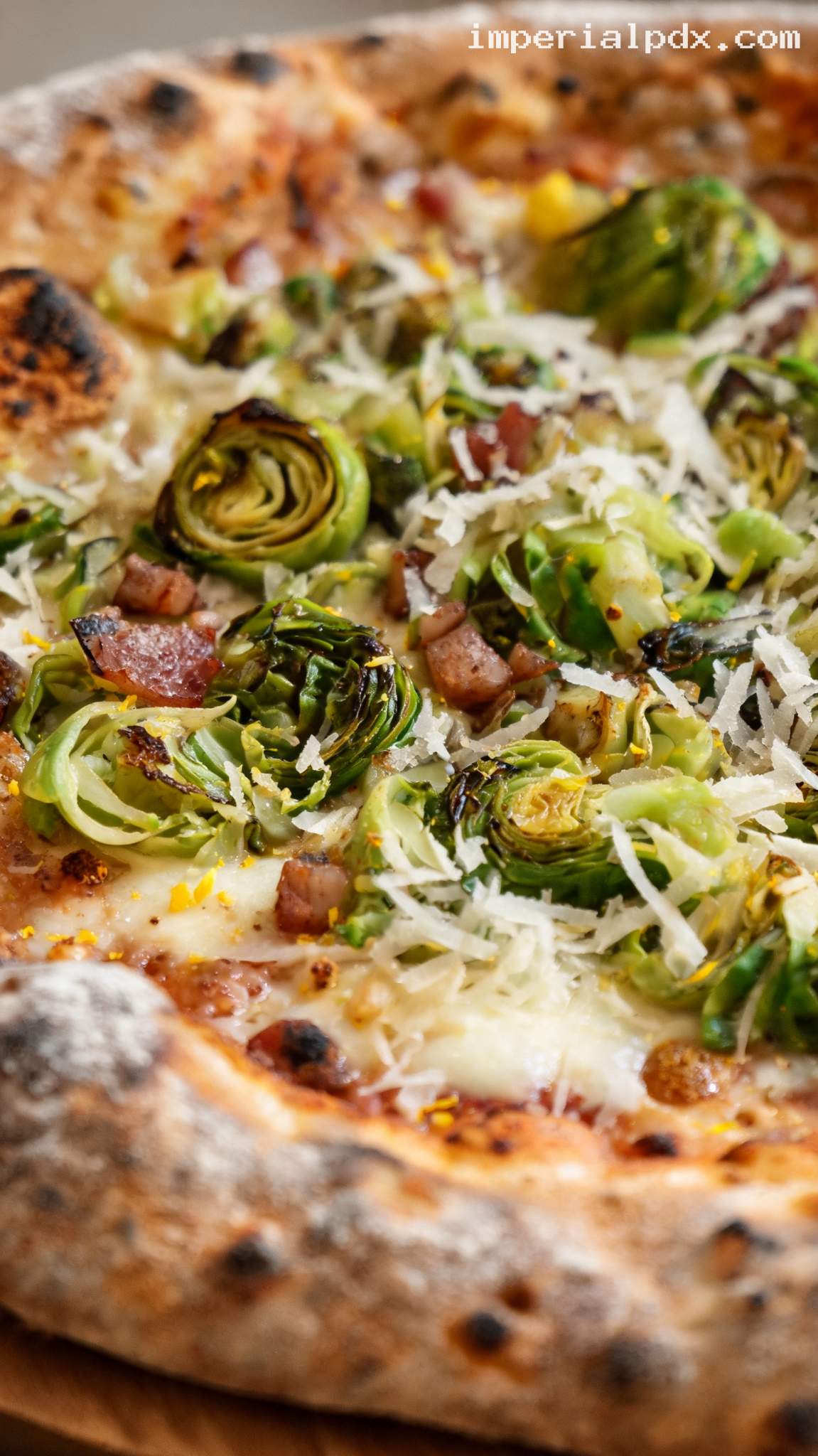 Brussels Sprout and Pancetta Pizza – Closeup