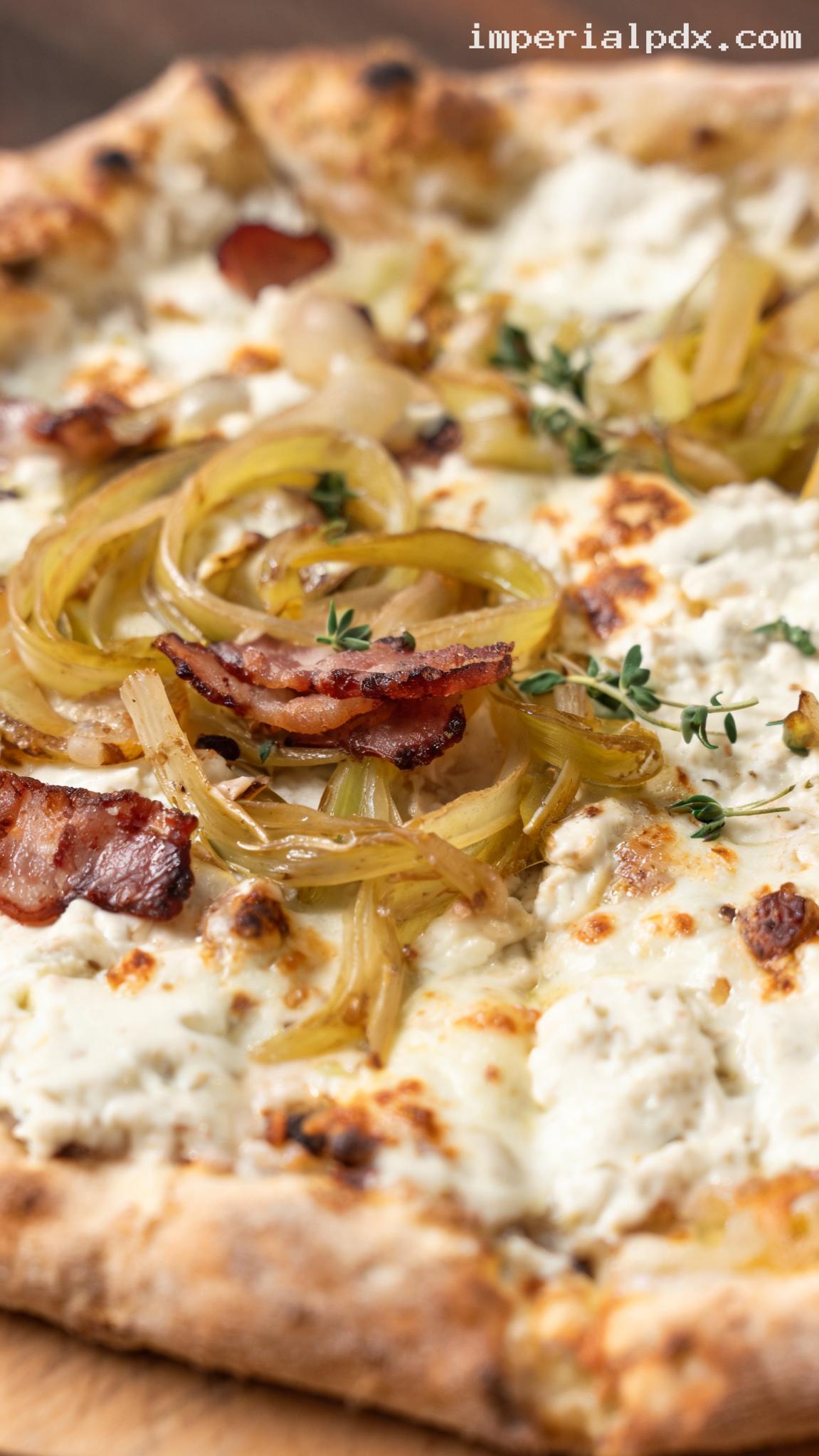 Caramelized Leek and Bacon White Pizza – Closeup