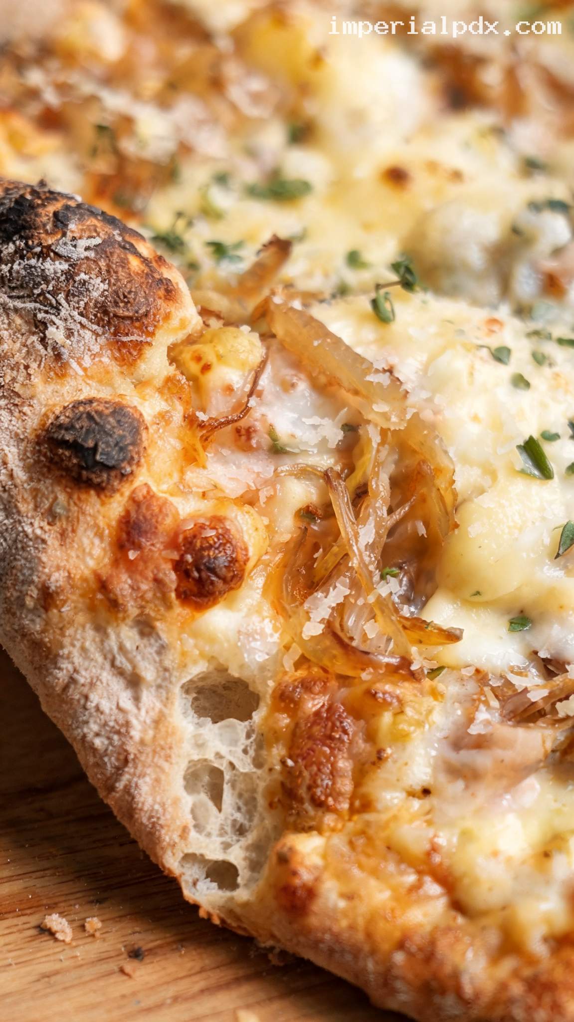Caramelized Shallot and Taleggio White Pizza – Closeup