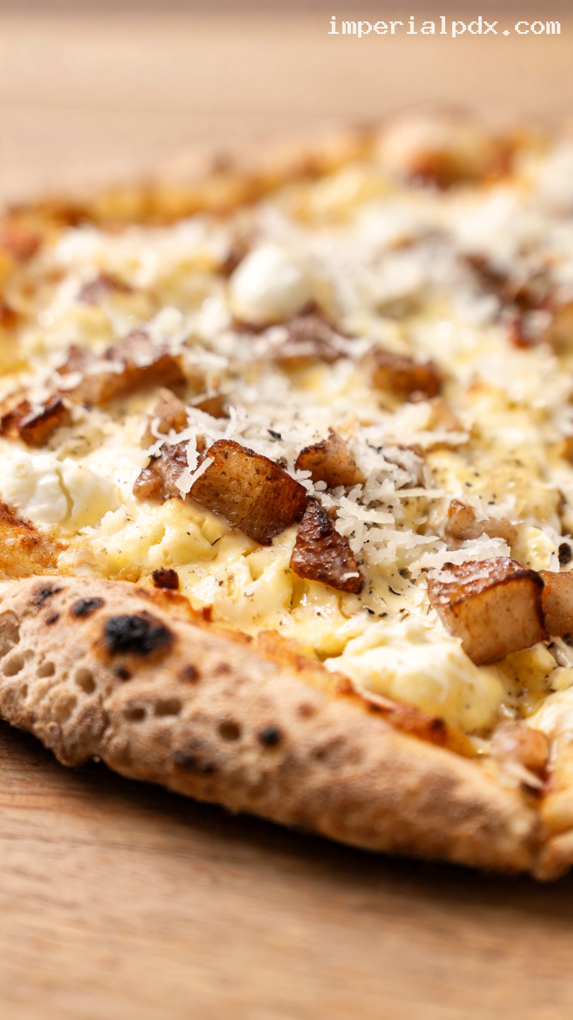 Carbonara Pizza With Guanciale and Pecorino – Closeup
